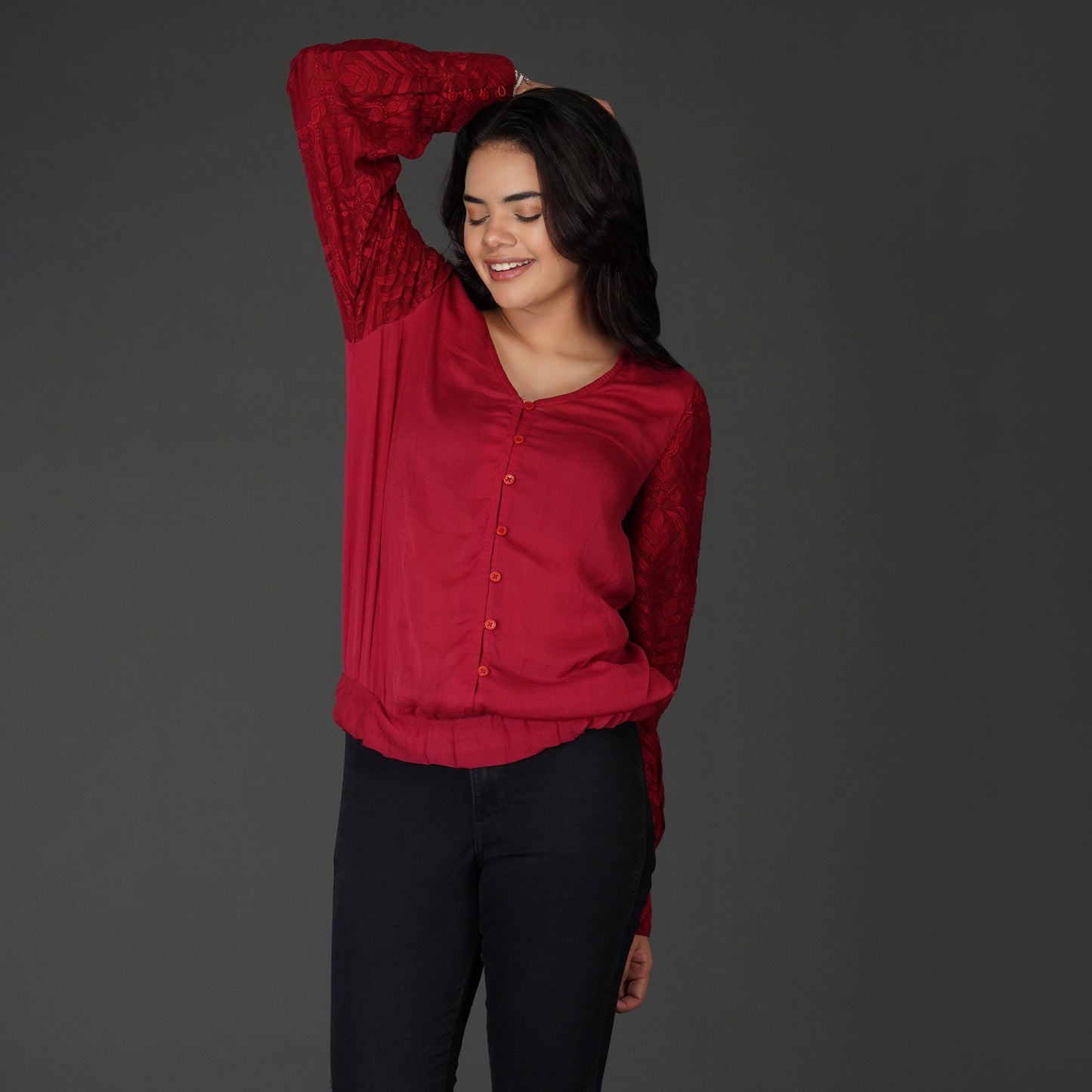 Embroidered Sleeves With Button-Down Viscose Georgette Top