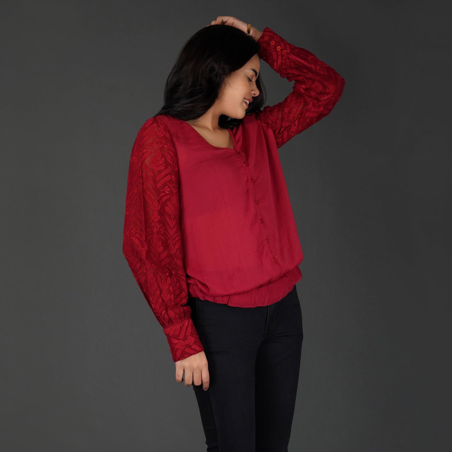 Embroidered Sleeves With Button-Down Viscose Georgette Top