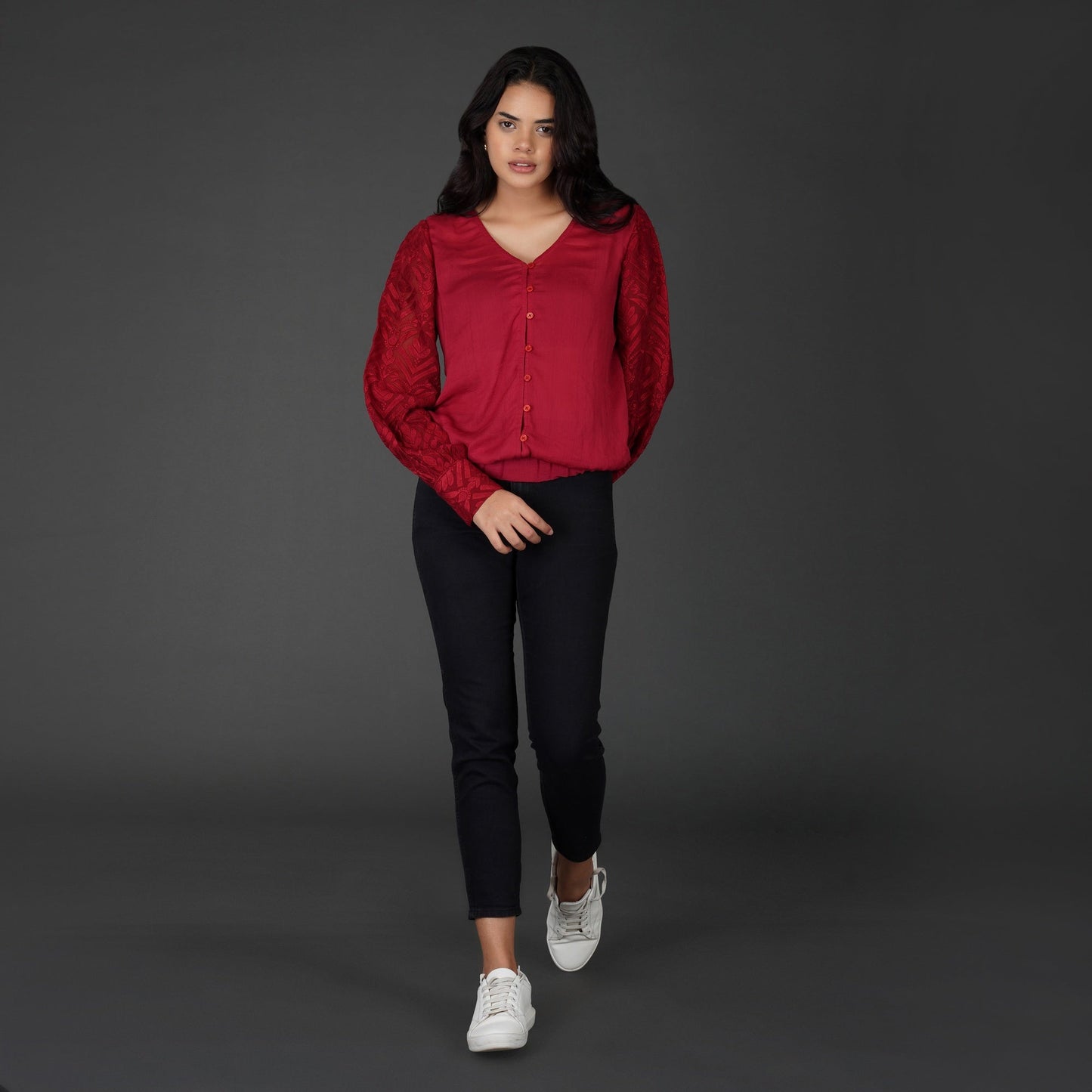 Embroidered Sleeves With Button-Down Viscose Georgette Top