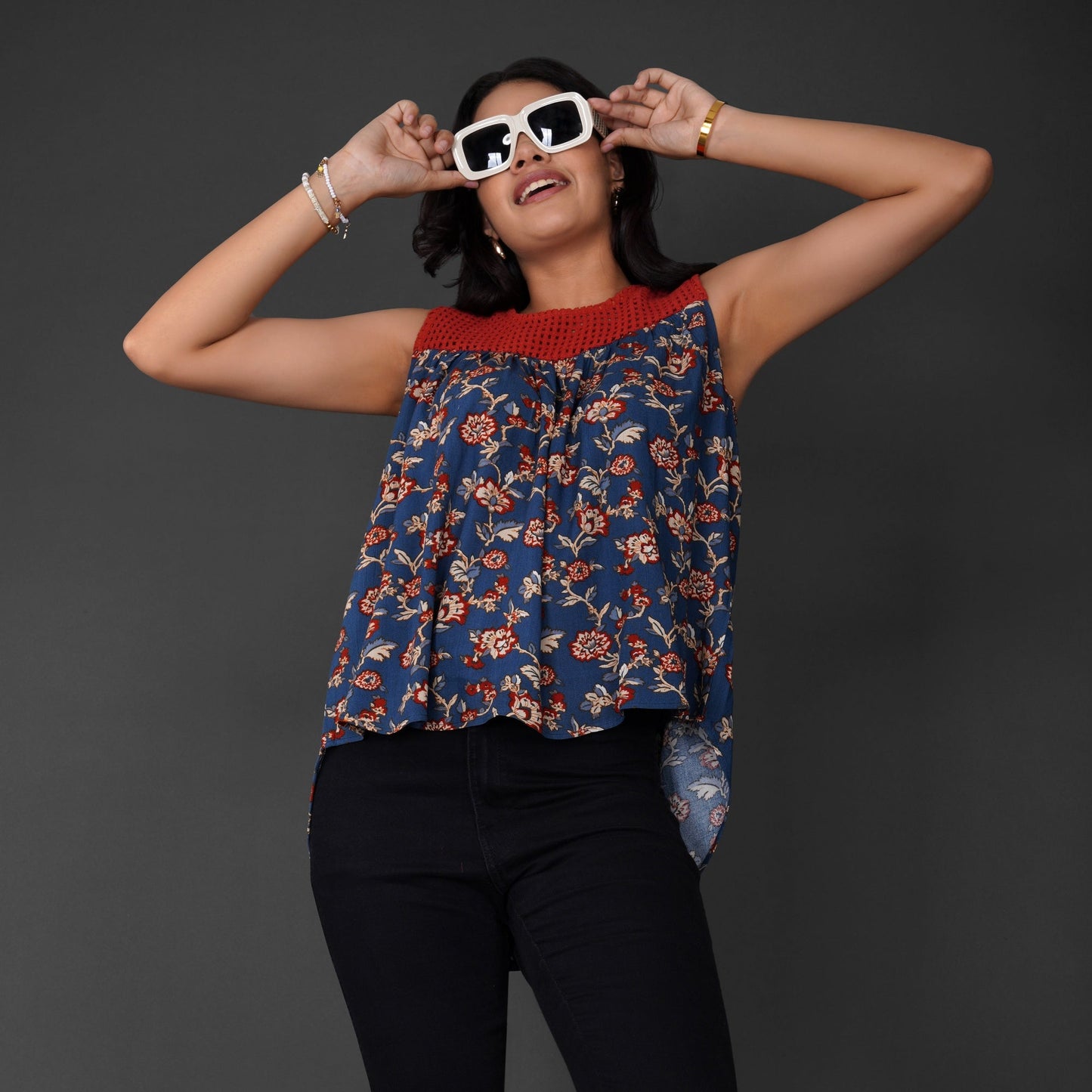 Floral Crochet Lace-Up Boho Top