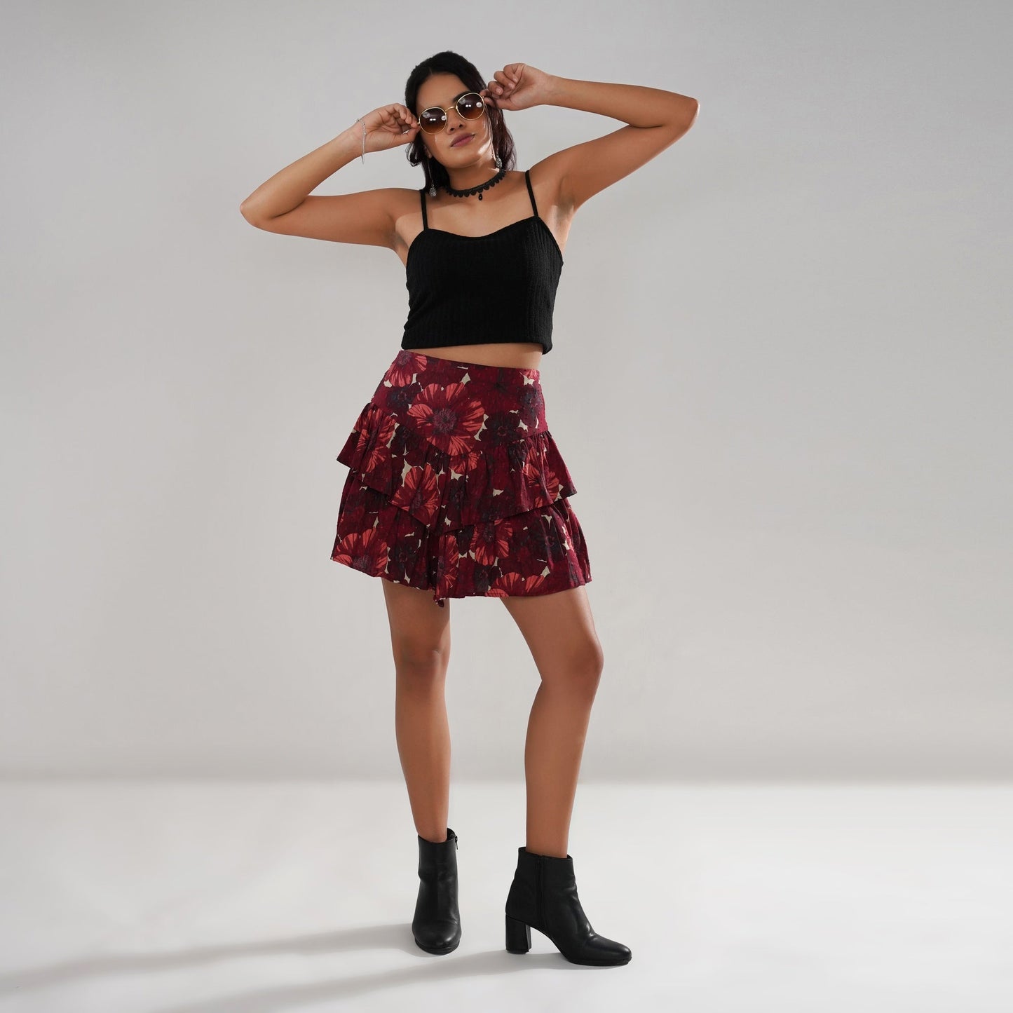 Floral Ruffle-Tiered Cotton Swiss Dot Skirt
