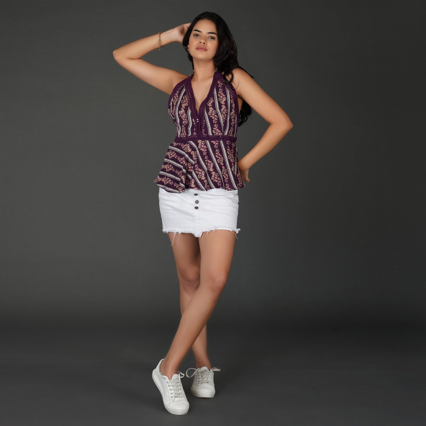 Halter-Neck Boho Peplum Top with Crochet Details