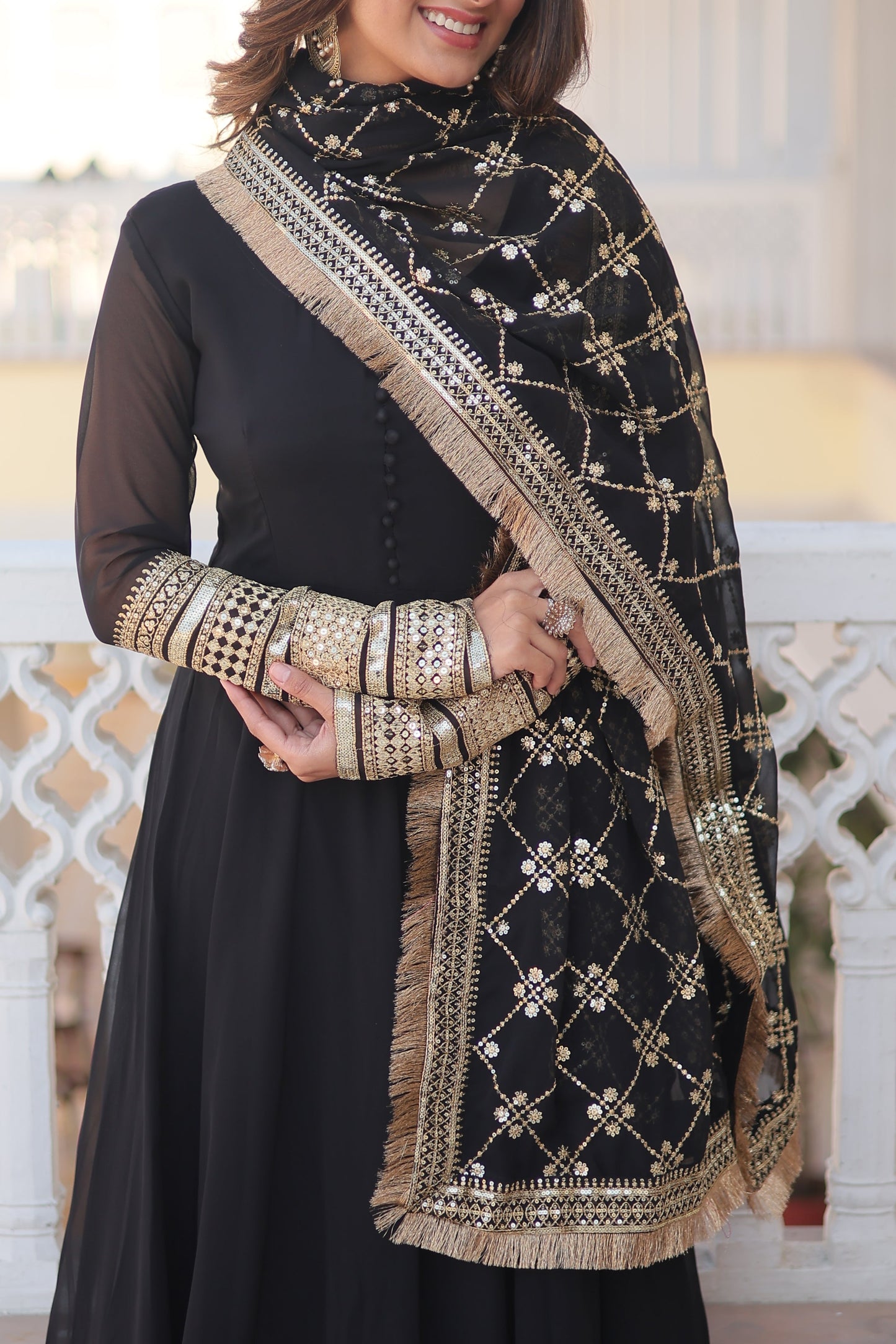 Faux Blooming Gown with Dupatta With Attractive Embroidered Sequins work with Lace Border.