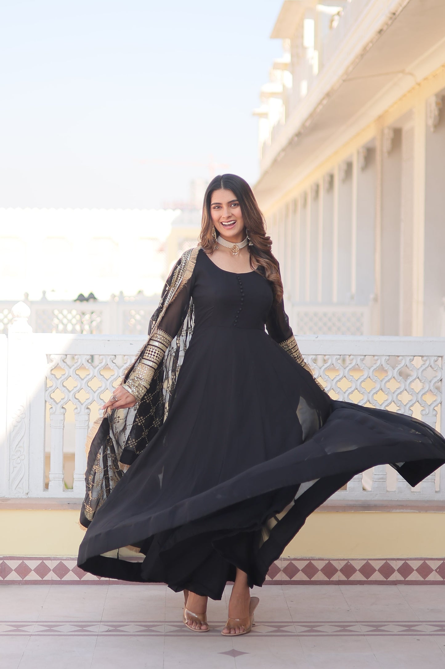 Faux Blooming Gown with Dupatta With Attractive Embroidered Sequins work with Lace Border.