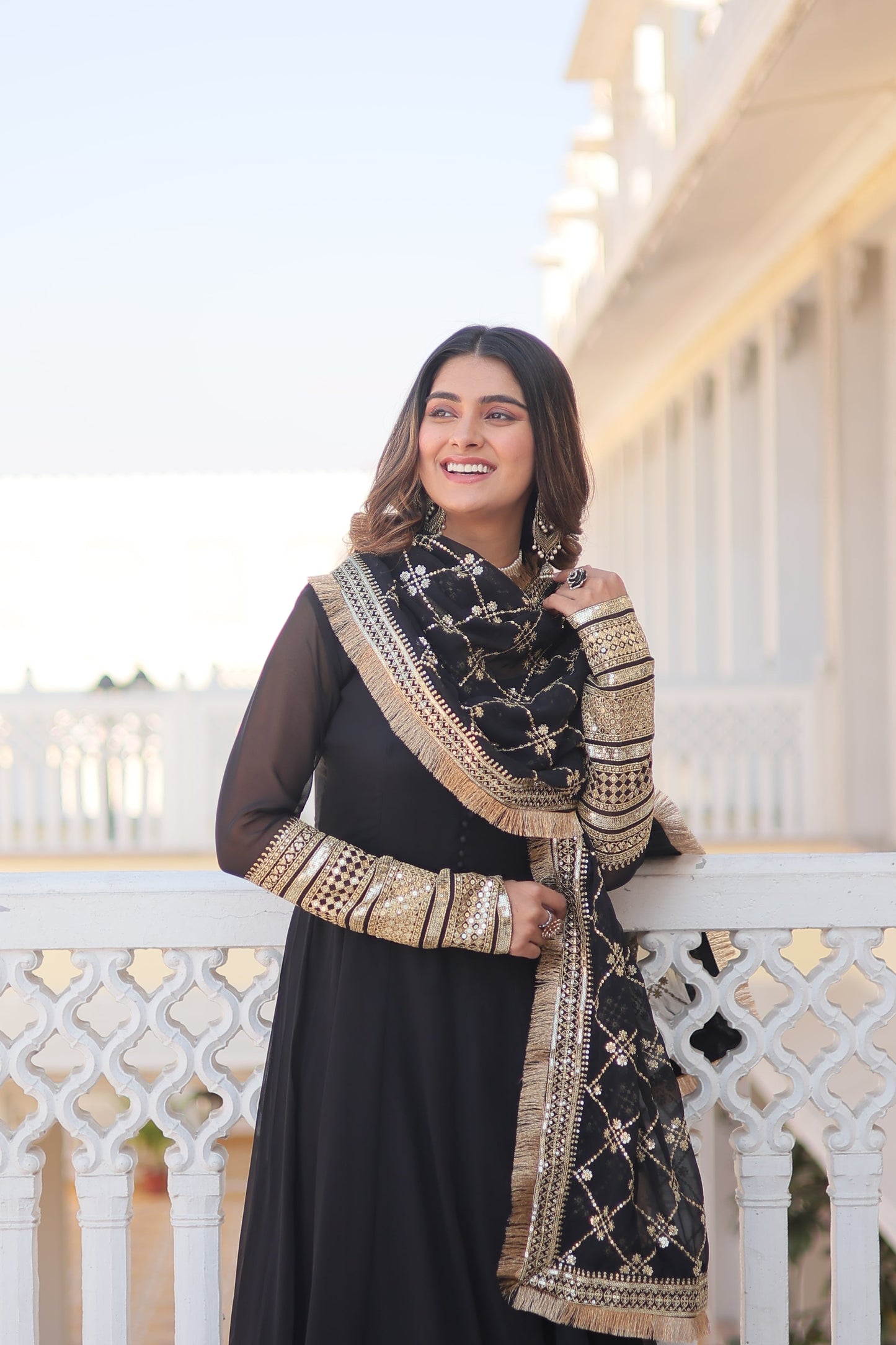 Faux Blooming Gown with Dupatta With Attractive Embroidered Sequins work with Lace Border.