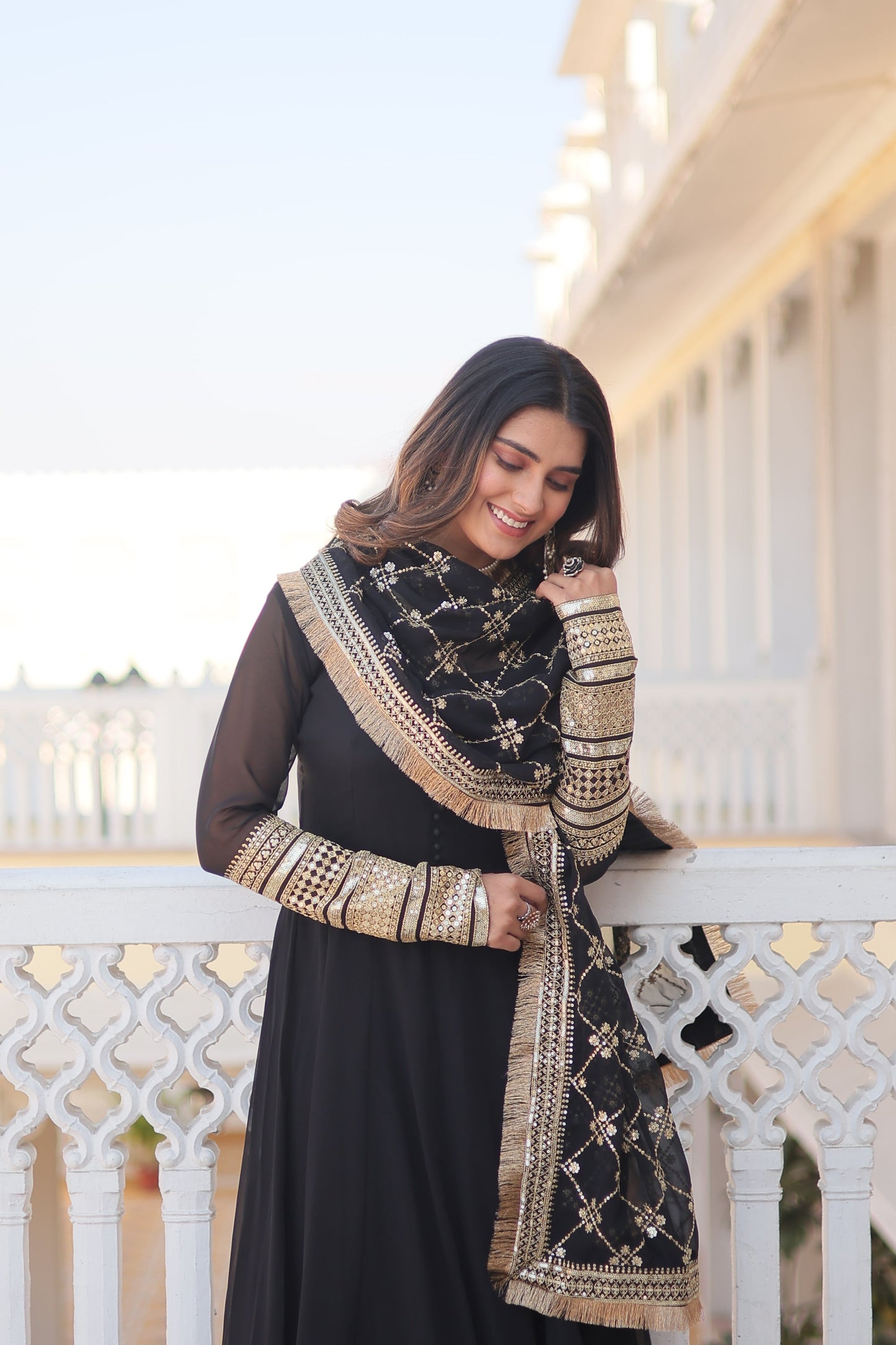 Faux Blooming Gown with Dupatta With Attractive Embroidered Sequins work with Lace Border.