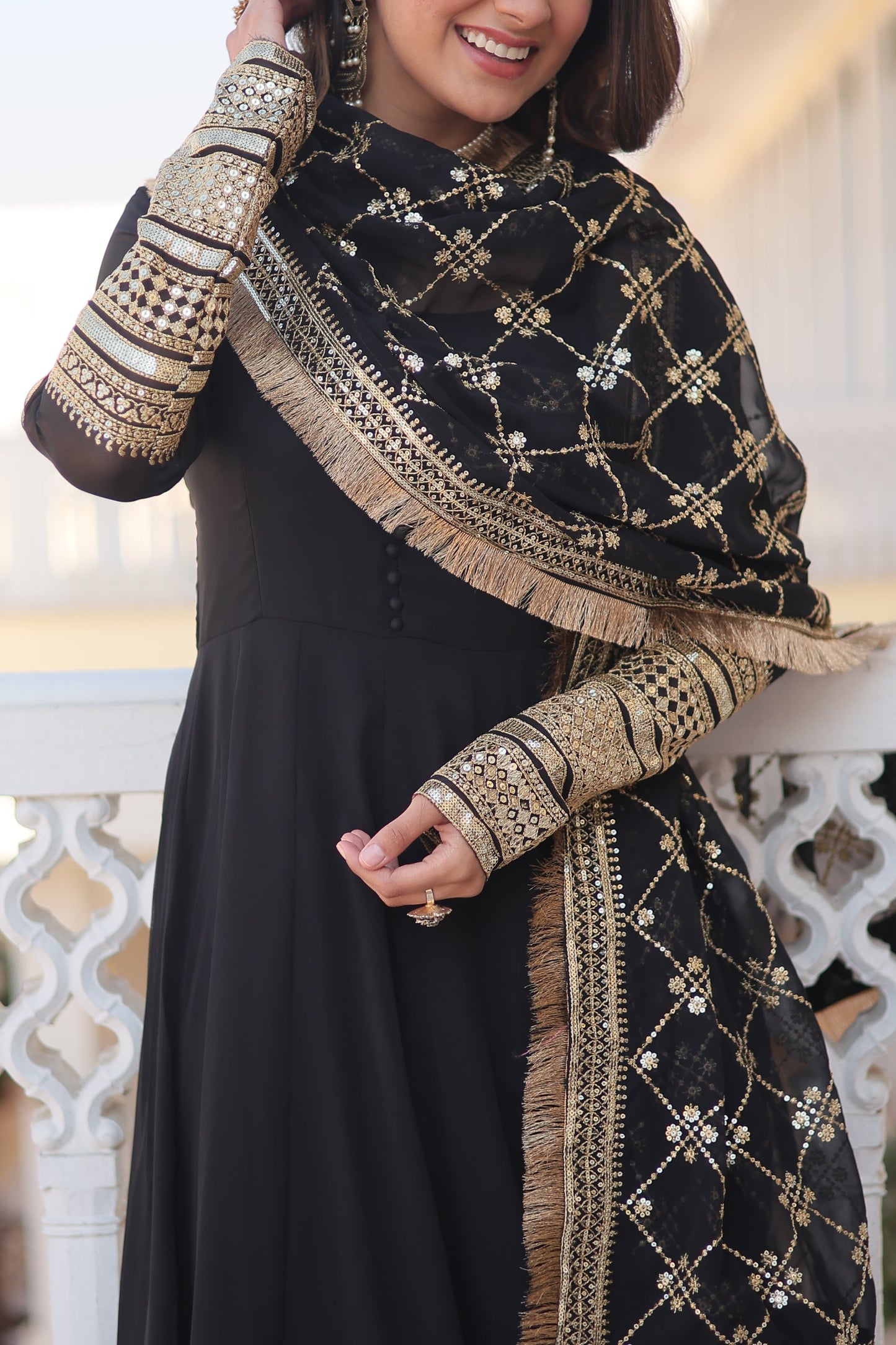 Faux Blooming Gown with Dupatta With Attractive Embroidered Sequins work with Lace Border.