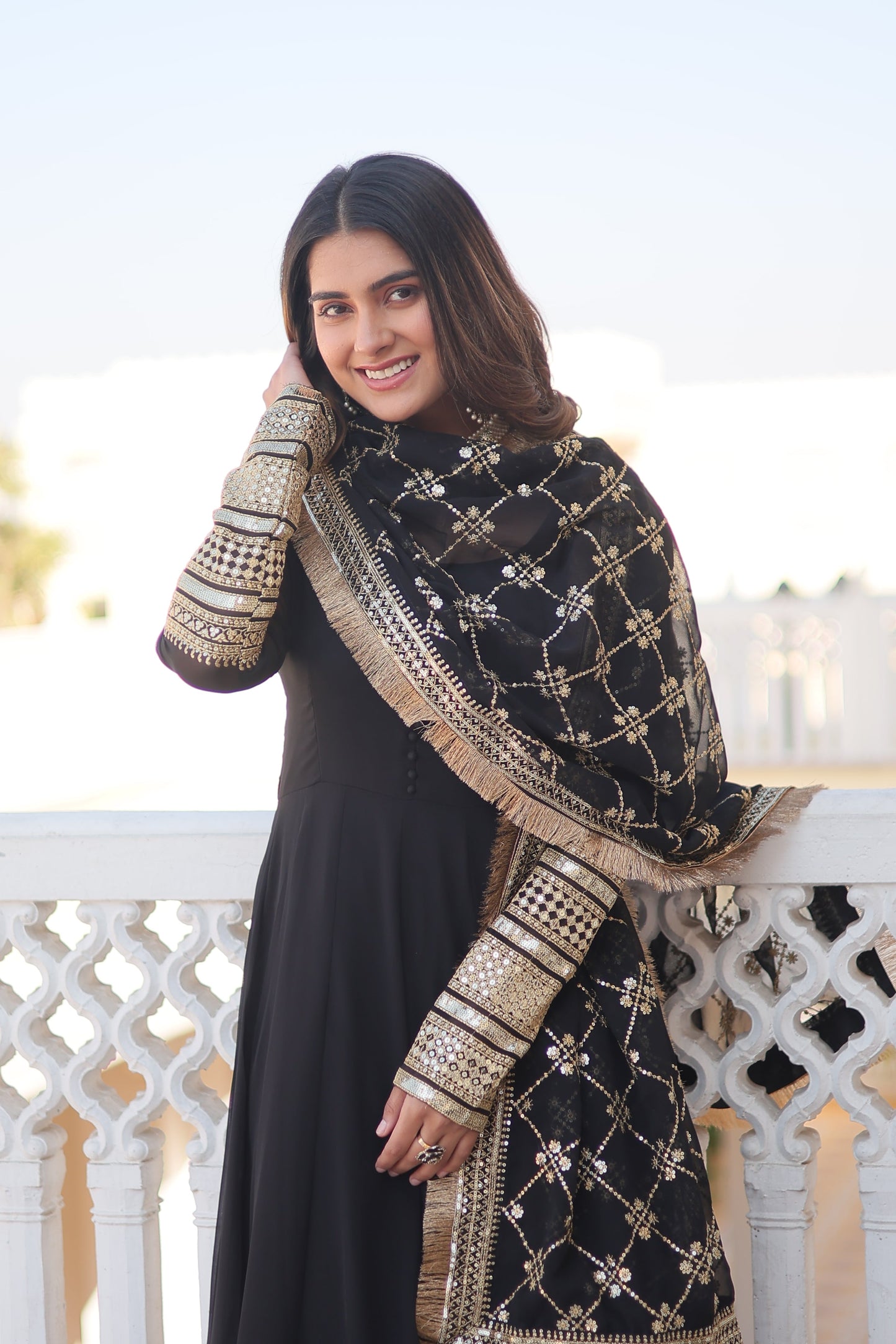 Faux Blooming Gown with Dupatta With Attractive Embroidered Sequins work with Lace Border.