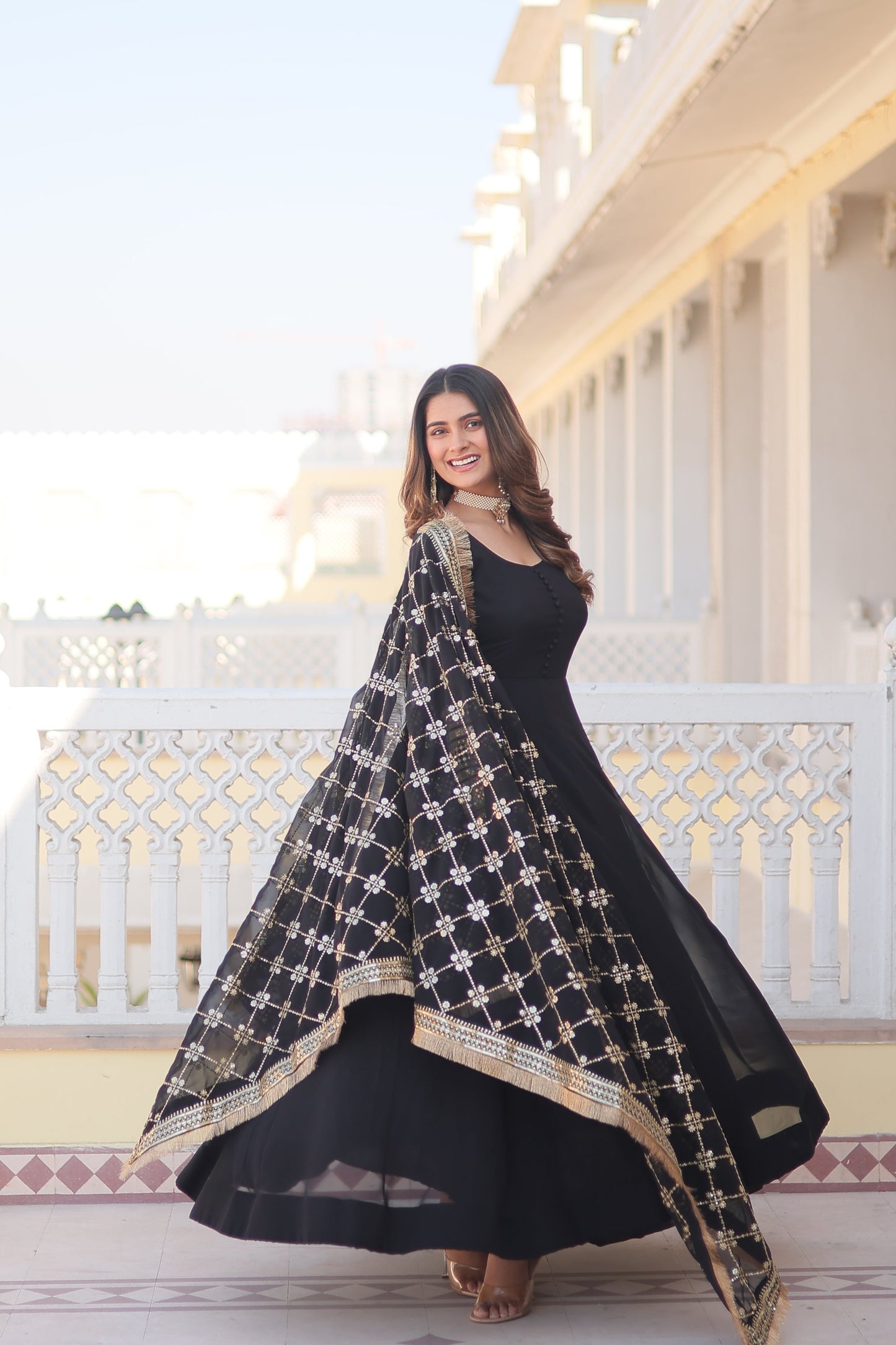 Faux Blooming Gown with Dupatta With Attractive Embroidered Sequins work with Lace Border.