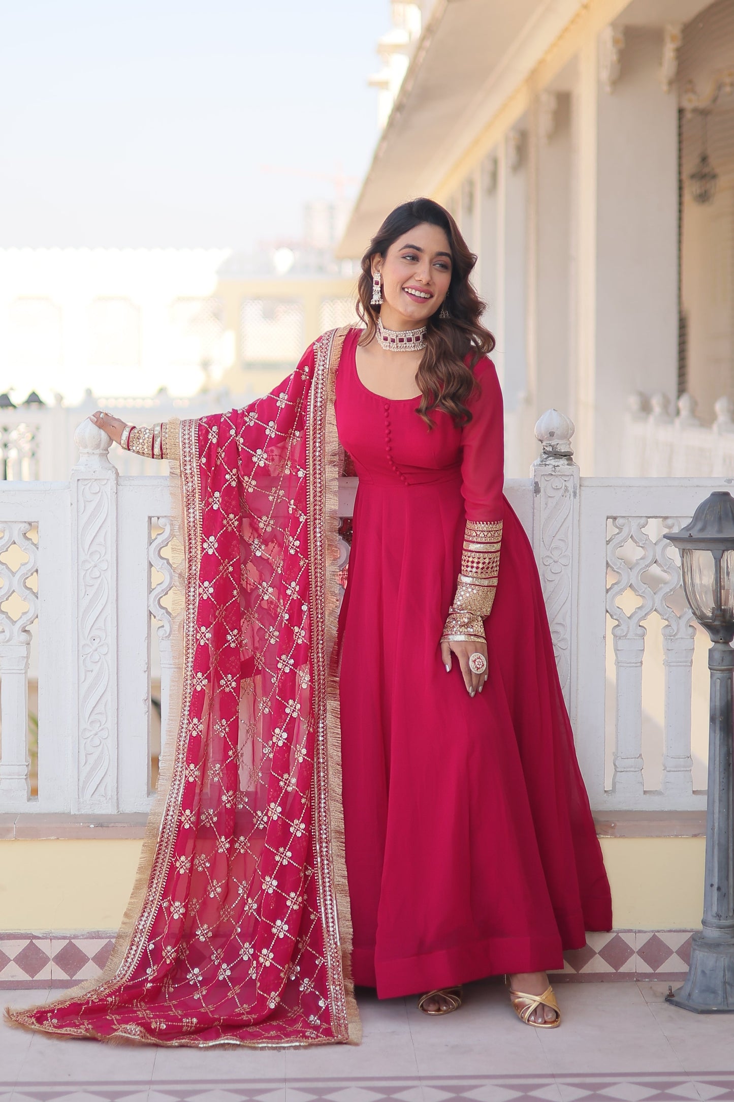 Faux Blooming Gown with Dupatta With Attractive Embroidered Sequins work with Lace Border.