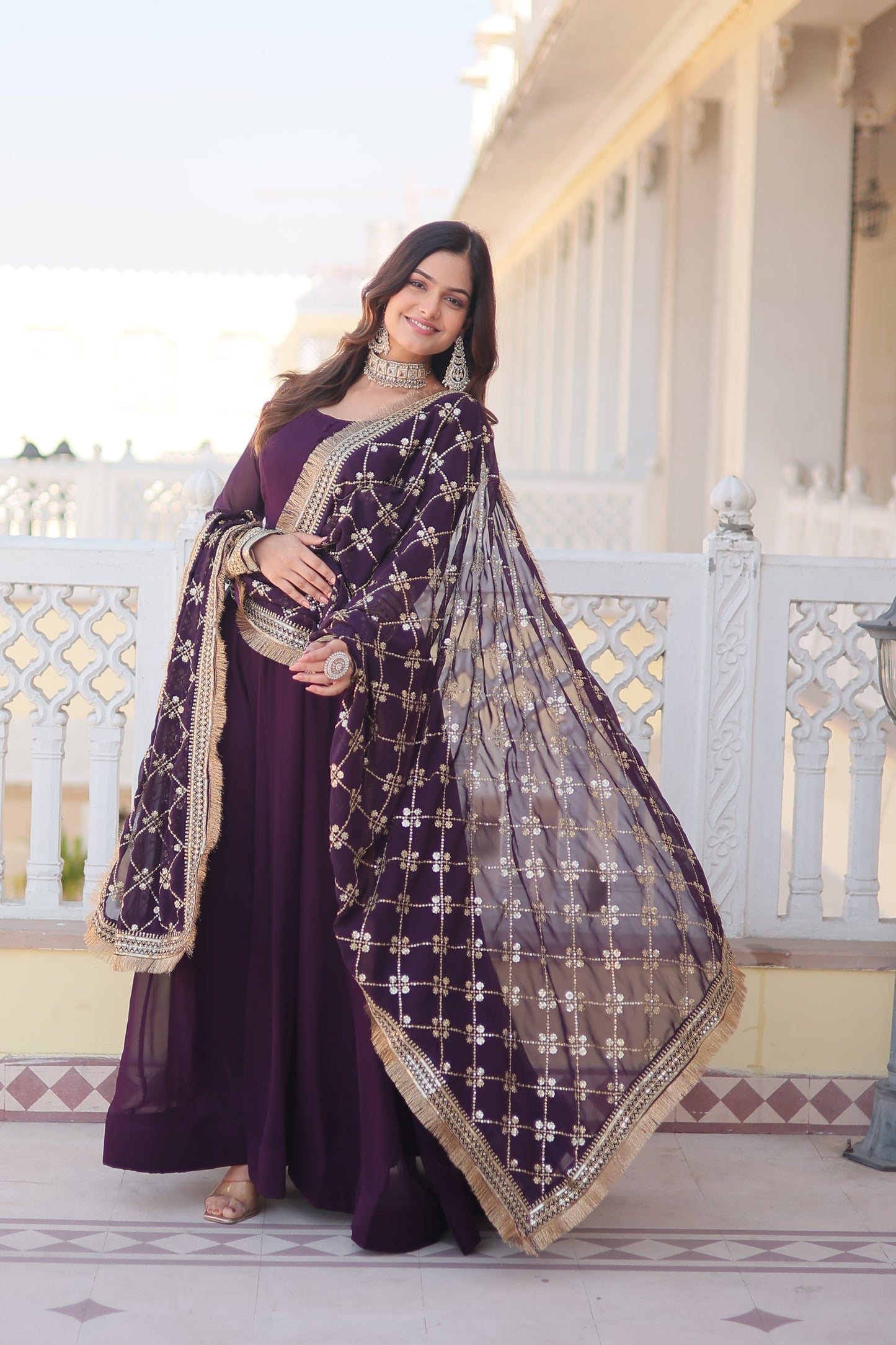 Faux Blooming Gown with Dupatta With Attractive Embroidered Sequins work with Lace Border.