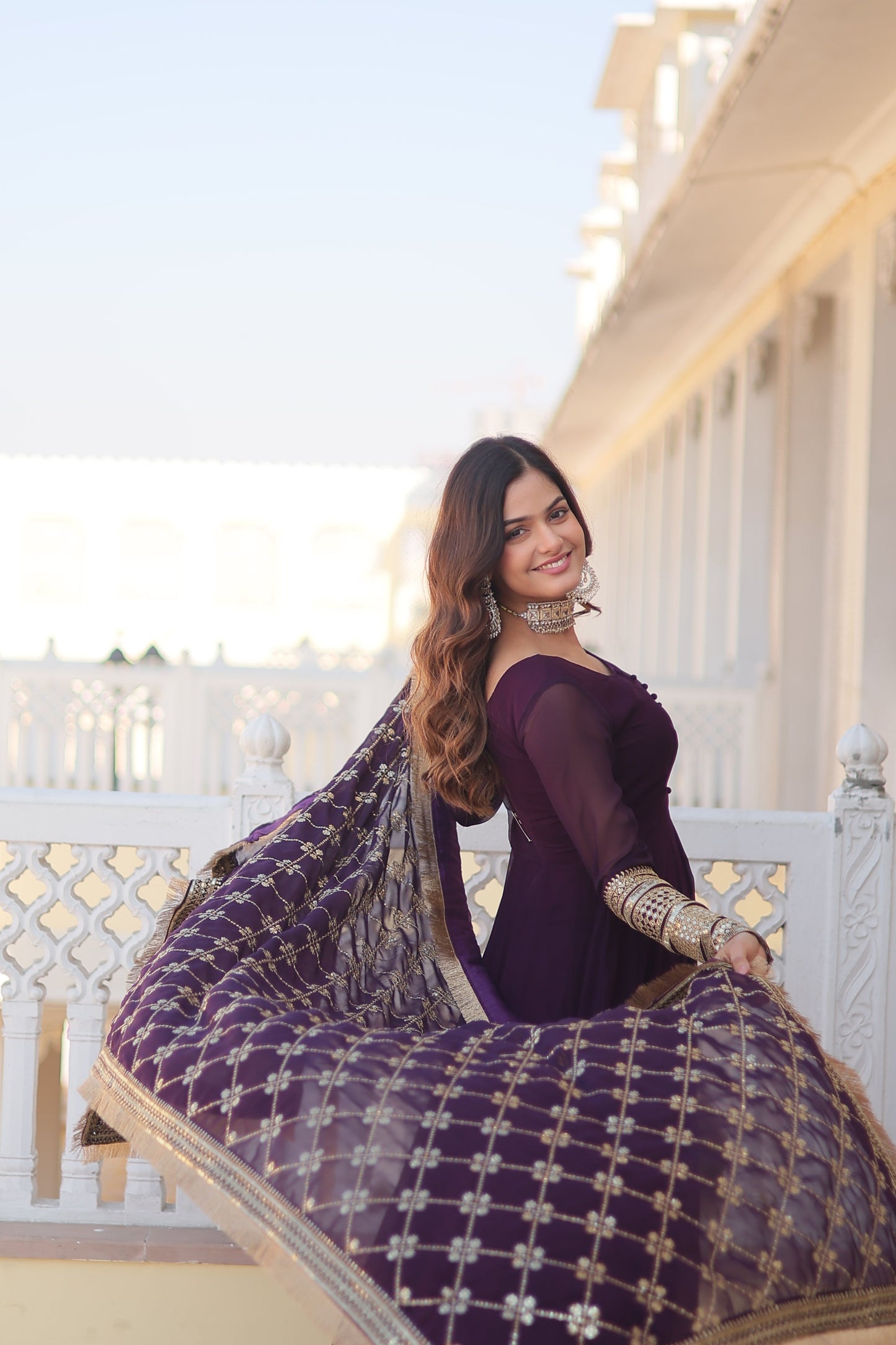 Faux Blooming Gown with Dupatta With Attractive Embroidered Sequins work with Lace Border.