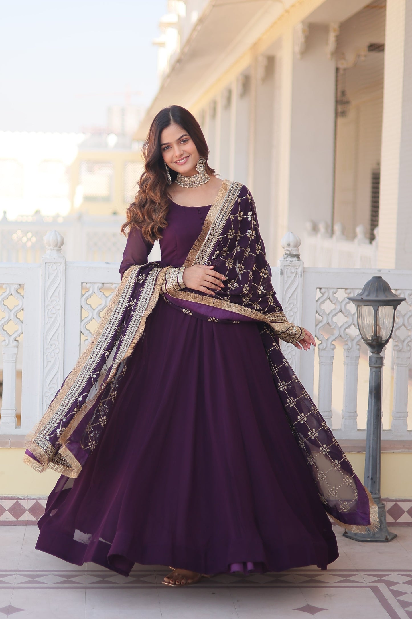 Faux Blooming Gown with Dupatta With Attractive Embroidered Sequins work with Lace Border.