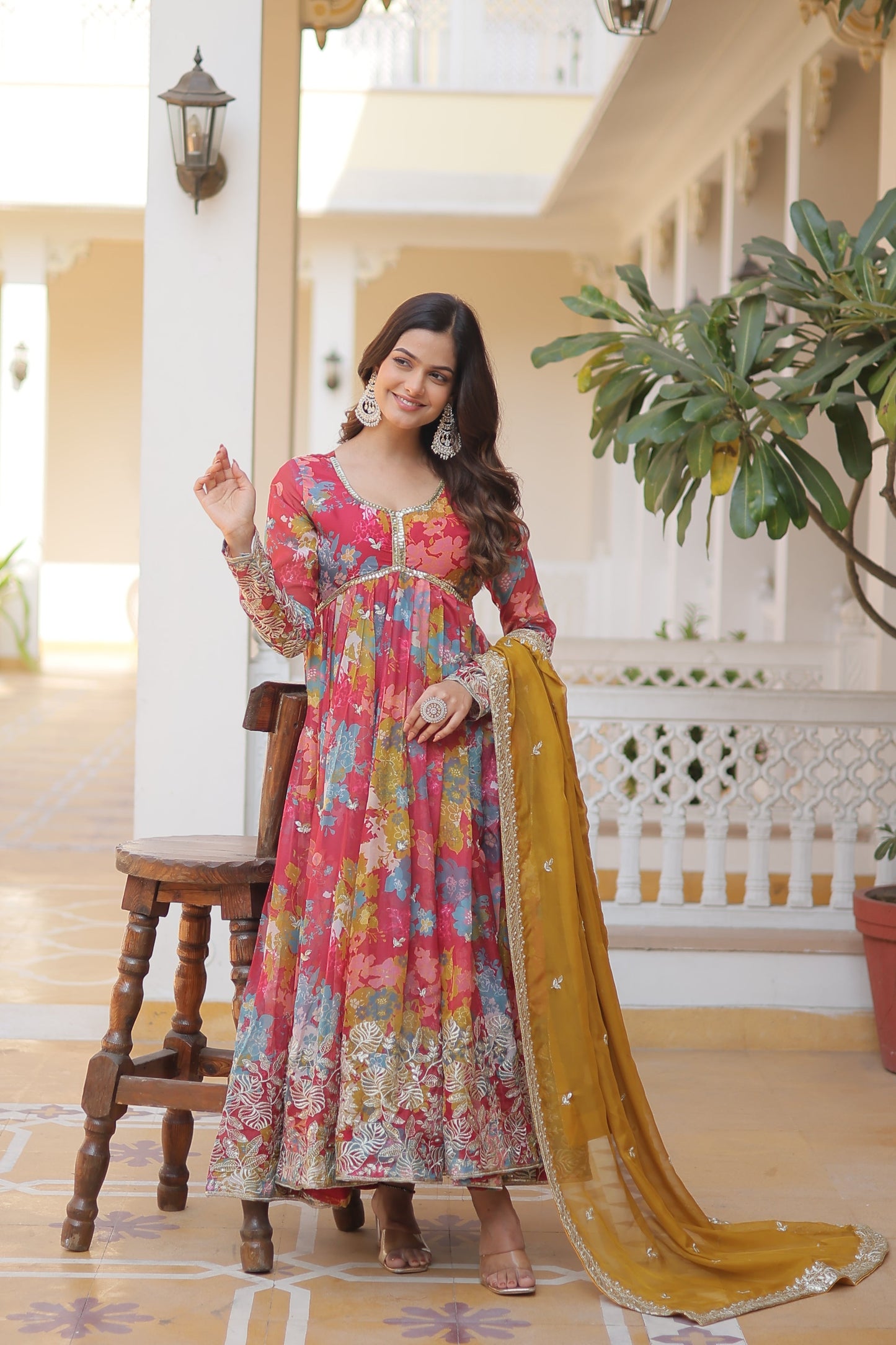 Elegant Digital Printed Russian Silk Suit with Zari Sequins Embroidery & Cut-Work Dupatta – Stitched, Full Sleeves, Fancy V Neck