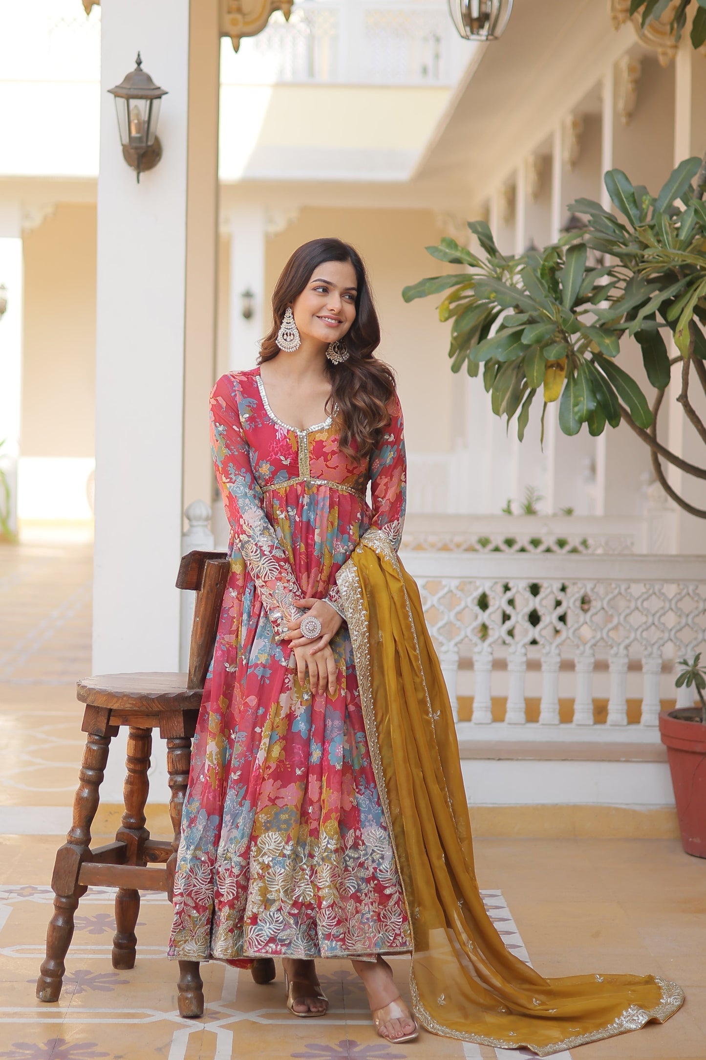 Elegant Digital Printed Russian Silk Suit with Zari Sequins Embroidery & Cut-Work Dupatta – Stitched, Full Sleeves, Fancy V Neck