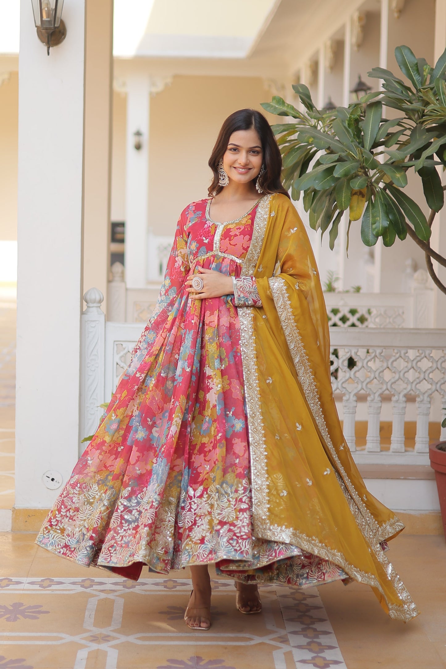 Elegant Digital Printed Russian Silk Suit with Zari Sequins Embroidery & Cut-Work Dupatta – Stitched, Full Sleeves, Fancy V Neck