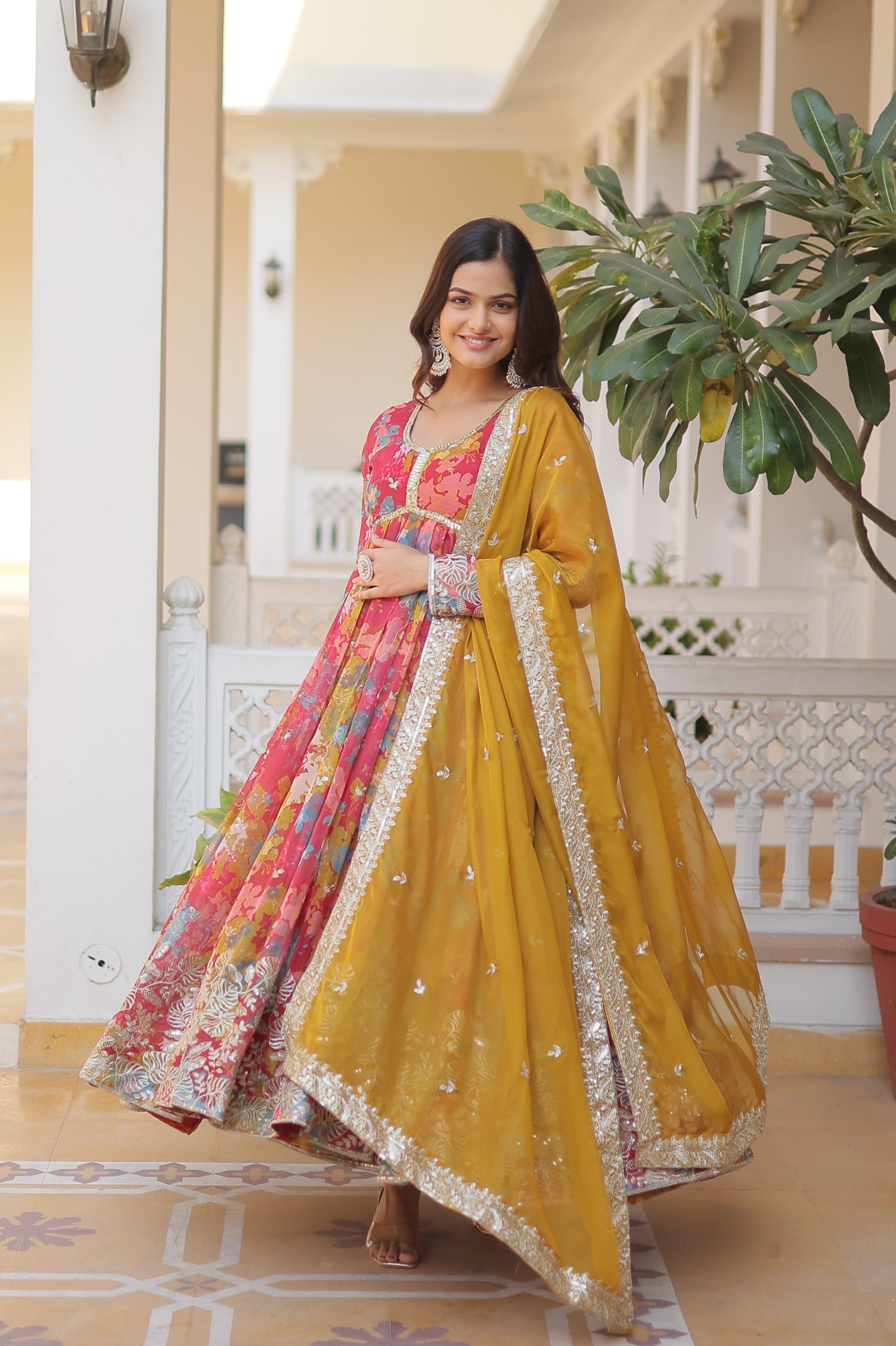 Elegant Digital Printed Russian Silk Suit with Zari Sequins Embroidery & Cut-Work Dupatta – Stitched, Full Sleeves, Fancy V Neck