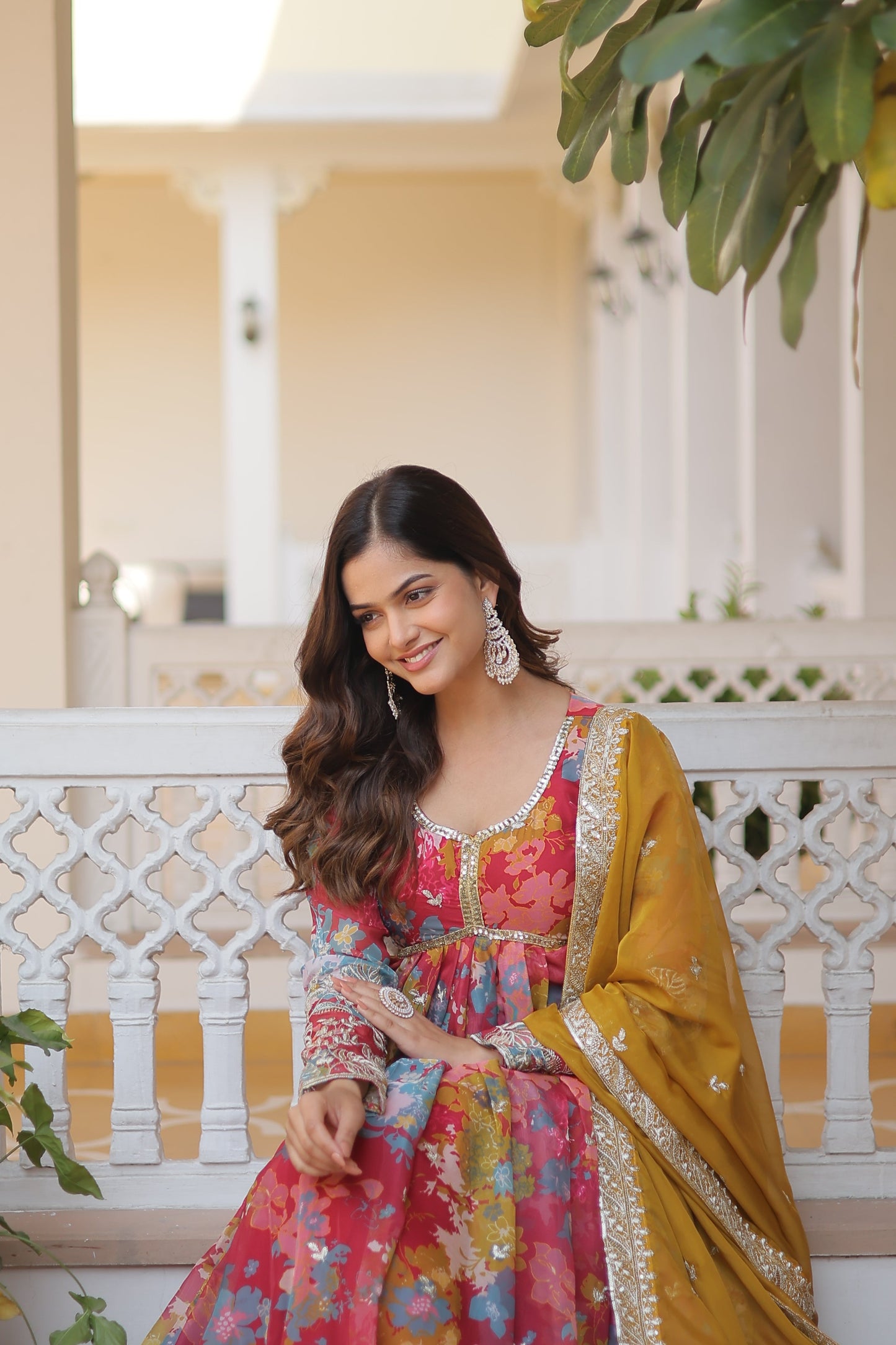 Elegant Digital Printed Russian Silk Suit with Zari Sequins Embroidery & Cut-Work Dupatta – Stitched, Full Sleeves, Fancy V Neck