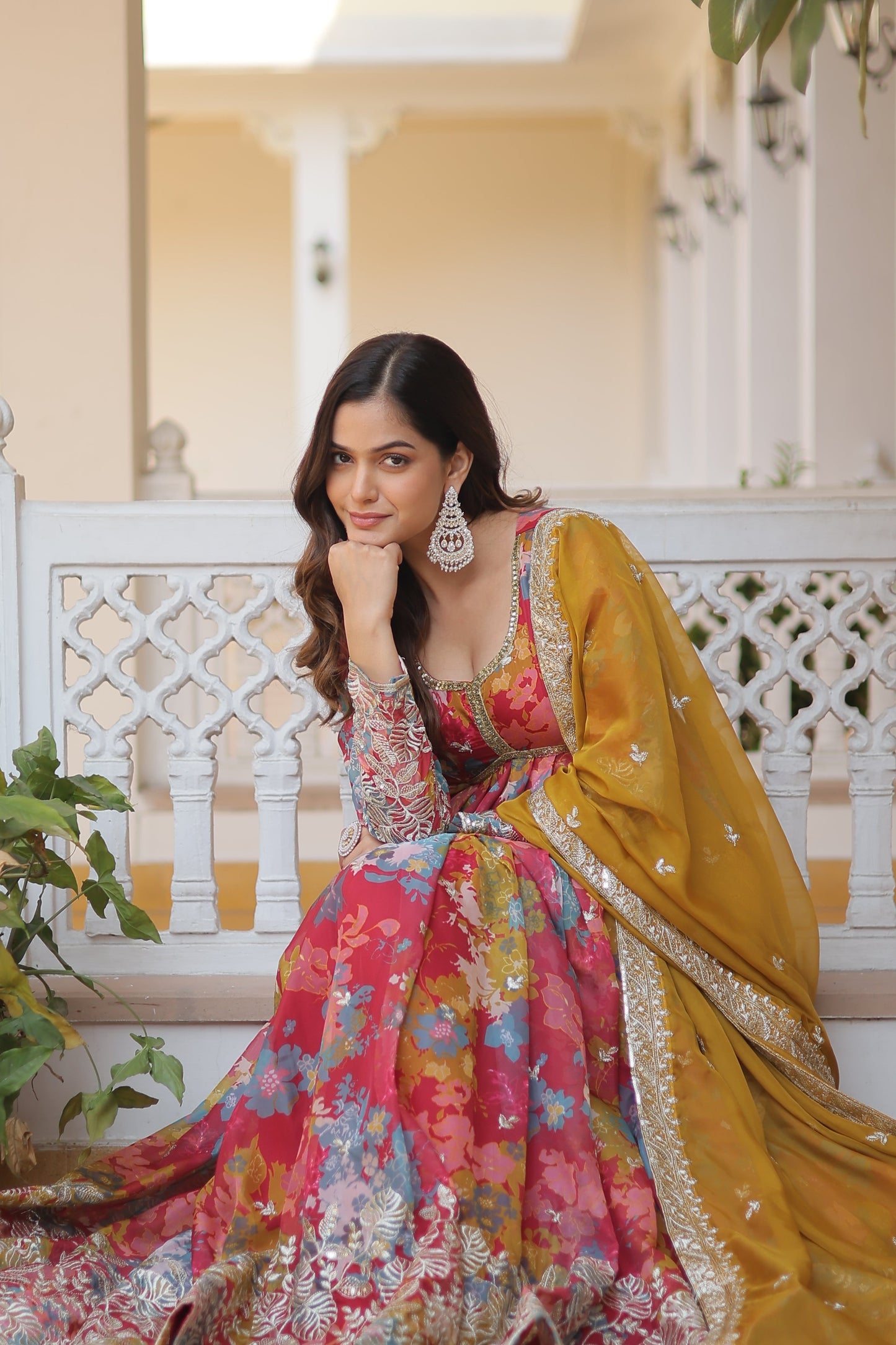 Elegant Digital Printed Russian Silk Suit with Zari Sequins Embroidery & Cut-Work Dupatta – Stitched, Full Sleeves, Fancy V Neck