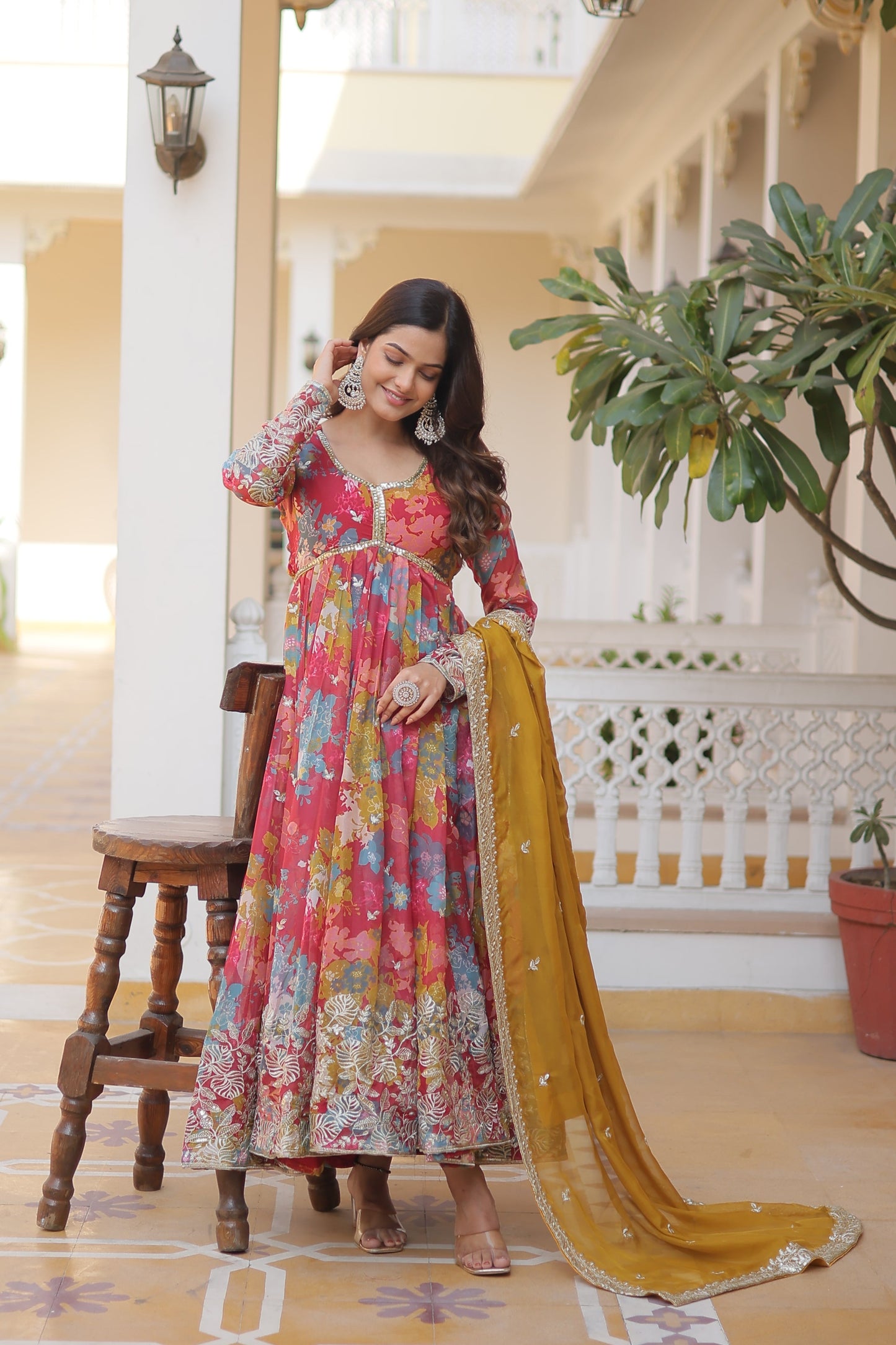 Elegant Digital Printed Russian Silk Suit with Zari Sequins Embroidery & Cut-Work Dupatta – Stitched, Full Sleeves, Fancy V Neck