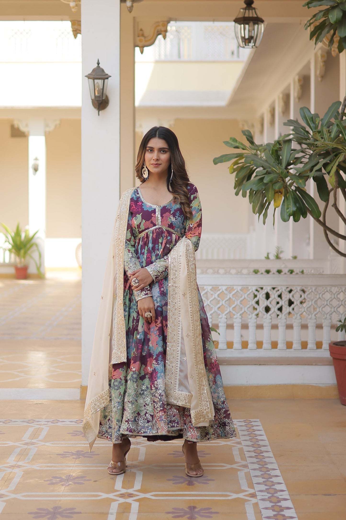 Elegant Digital Printed Russian Silk Suit with Zari Sequins Embroidery & Cut-Work Dupatta – Stitched, Full Sleeves, Fancy V Neck