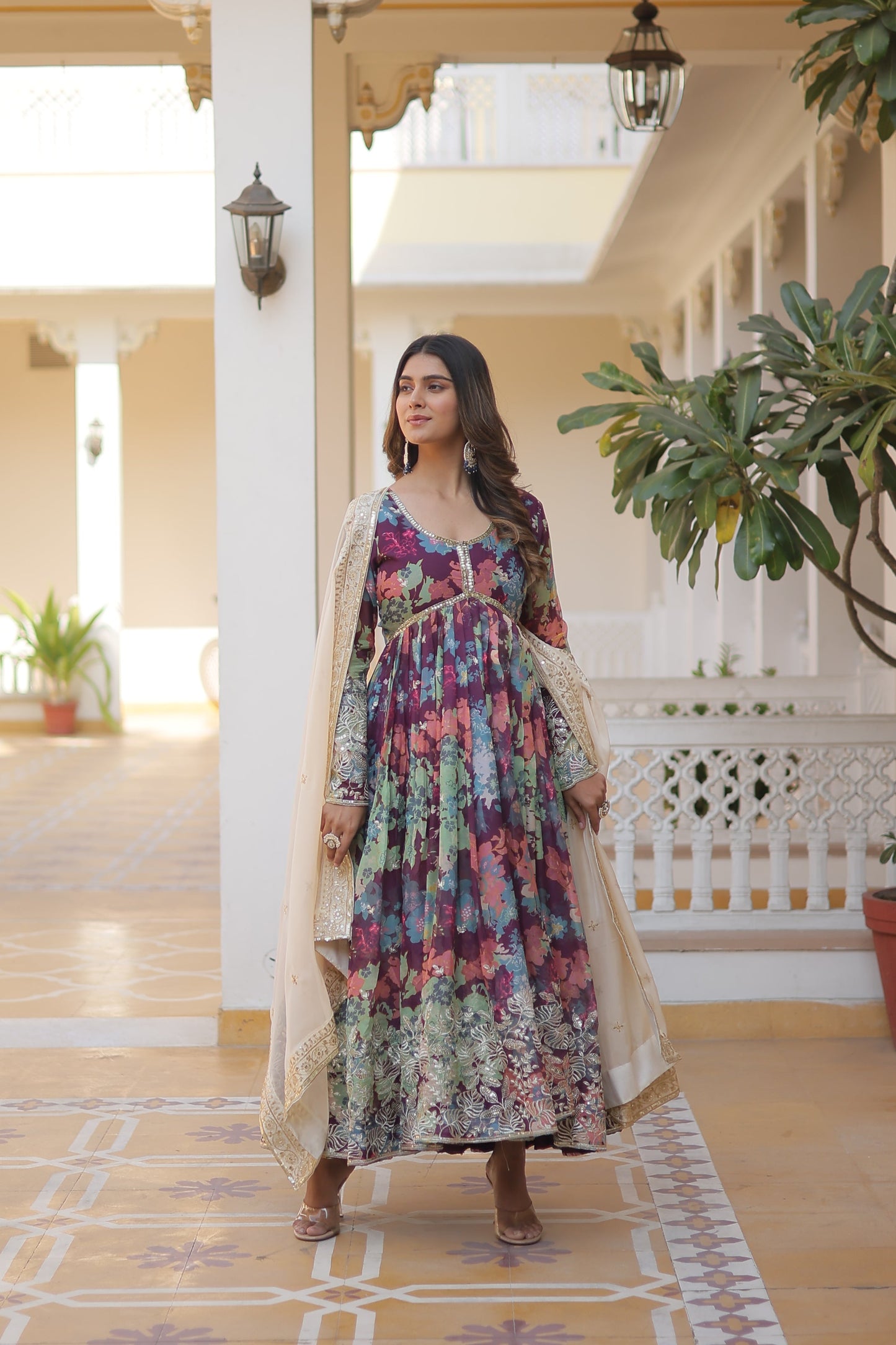 Elegant Digital Printed Russian Silk Suit with Zari Sequins Embroidery & Cut-Work Dupatta – Stitched, Full Sleeves, Fancy V Neck