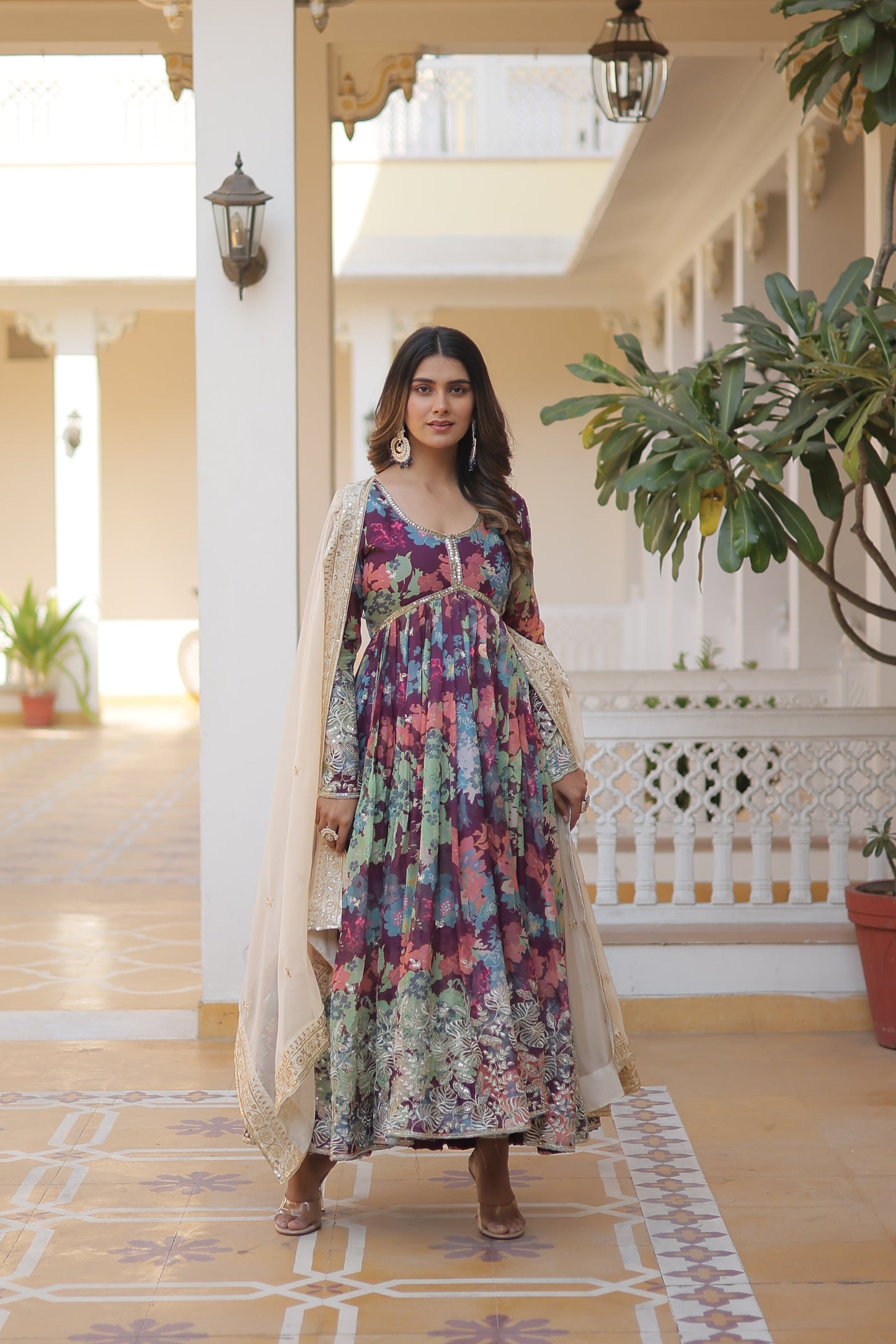 Elegant Digital Printed Russian Silk Suit with Zari Sequins Embroidery & Cut-Work Dupatta – Stitched, Full Sleeves, Fancy V Neck
