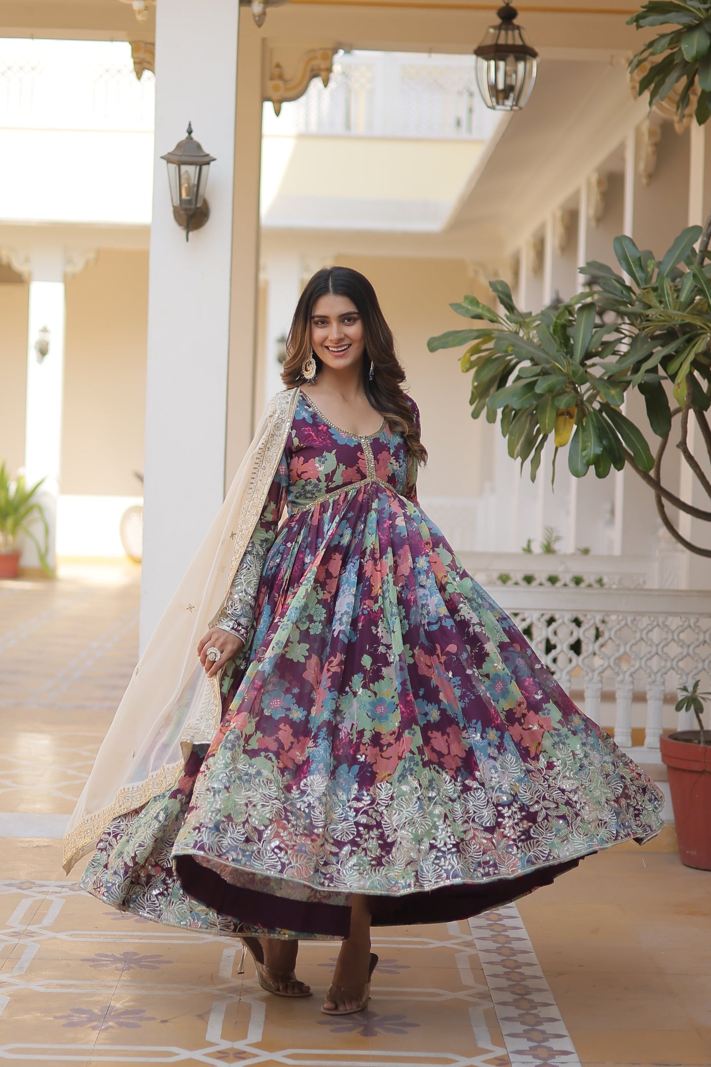 Elegant Digital Printed Russian Silk Suit with Zari Sequins Embroidery & Cut-Work Dupatta – Stitched, Full Sleeves, Fancy V Neck