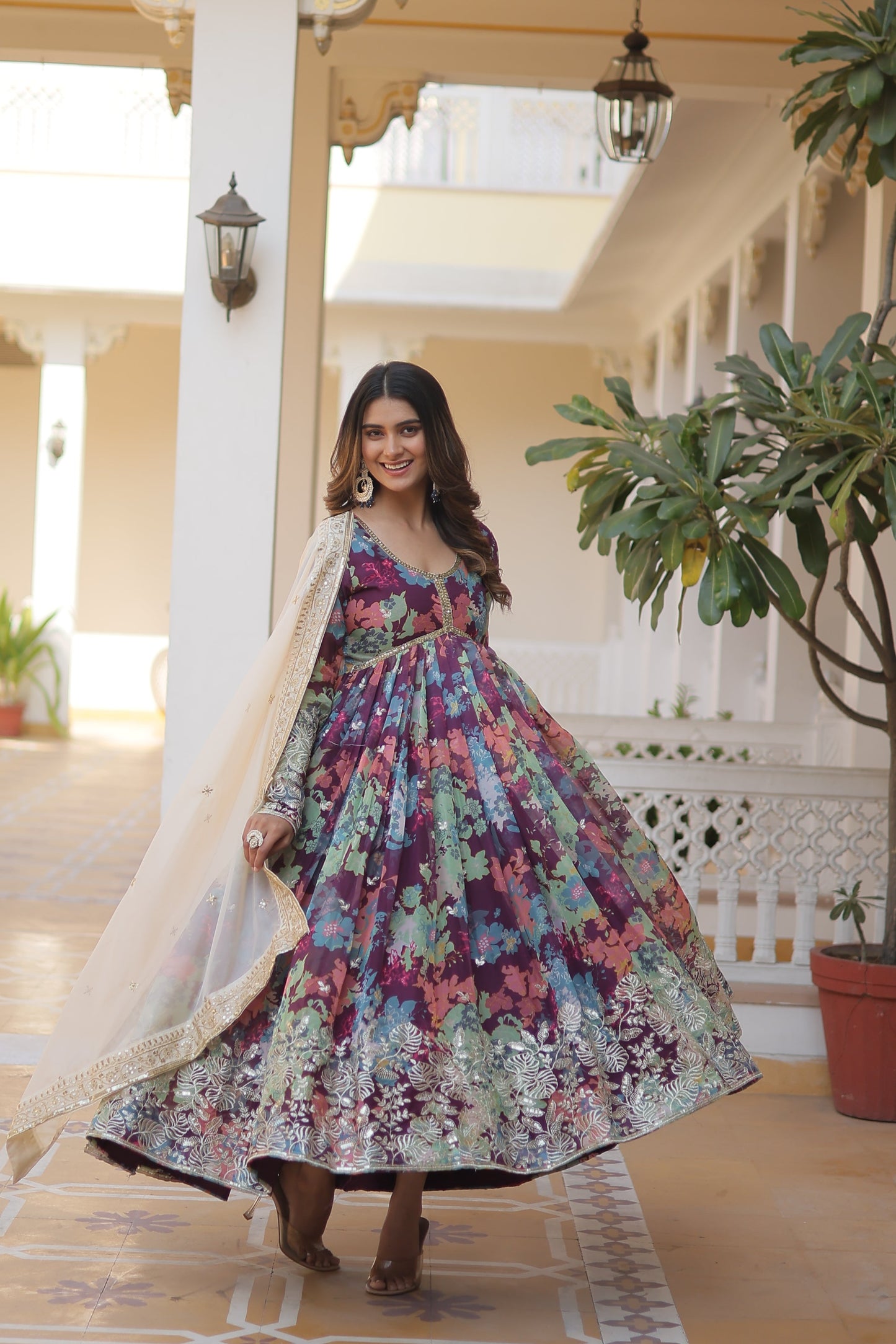 Elegant Digital Printed Russian Silk Suit with Zari Sequins Embroidery & Cut-Work Dupatta – Stitched, Full Sleeves, Fancy V Neck