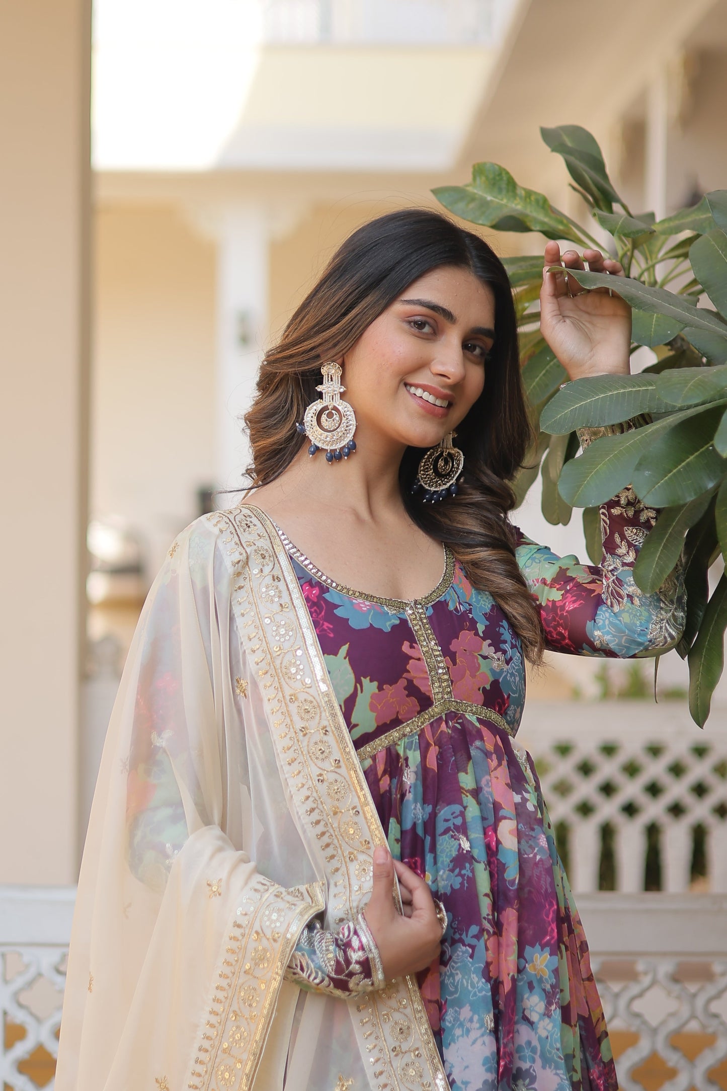Elegant Digital Printed Russian Silk Suit with Zari Sequins Embroidery & Cut-Work Dupatta – Stitched, Full Sleeves, Fancy V Neck