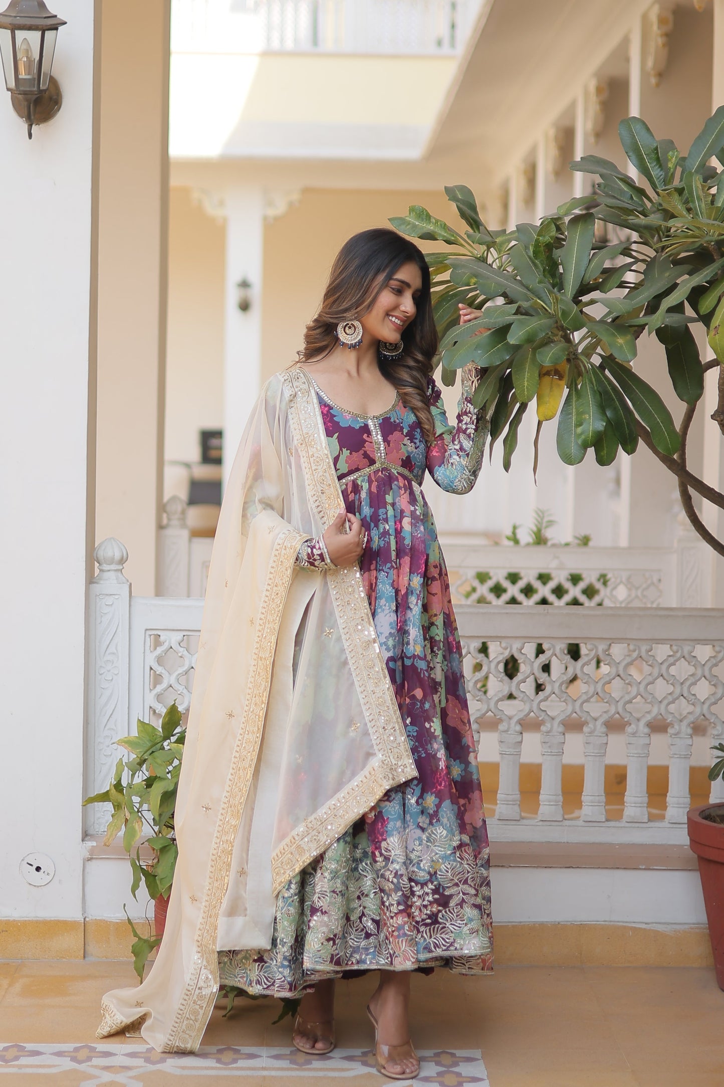 Elegant Digital Printed Russian Silk Suit with Zari Sequins Embroidery & Cut-Work Dupatta – Stitched, Full Sleeves, Fancy V Neck