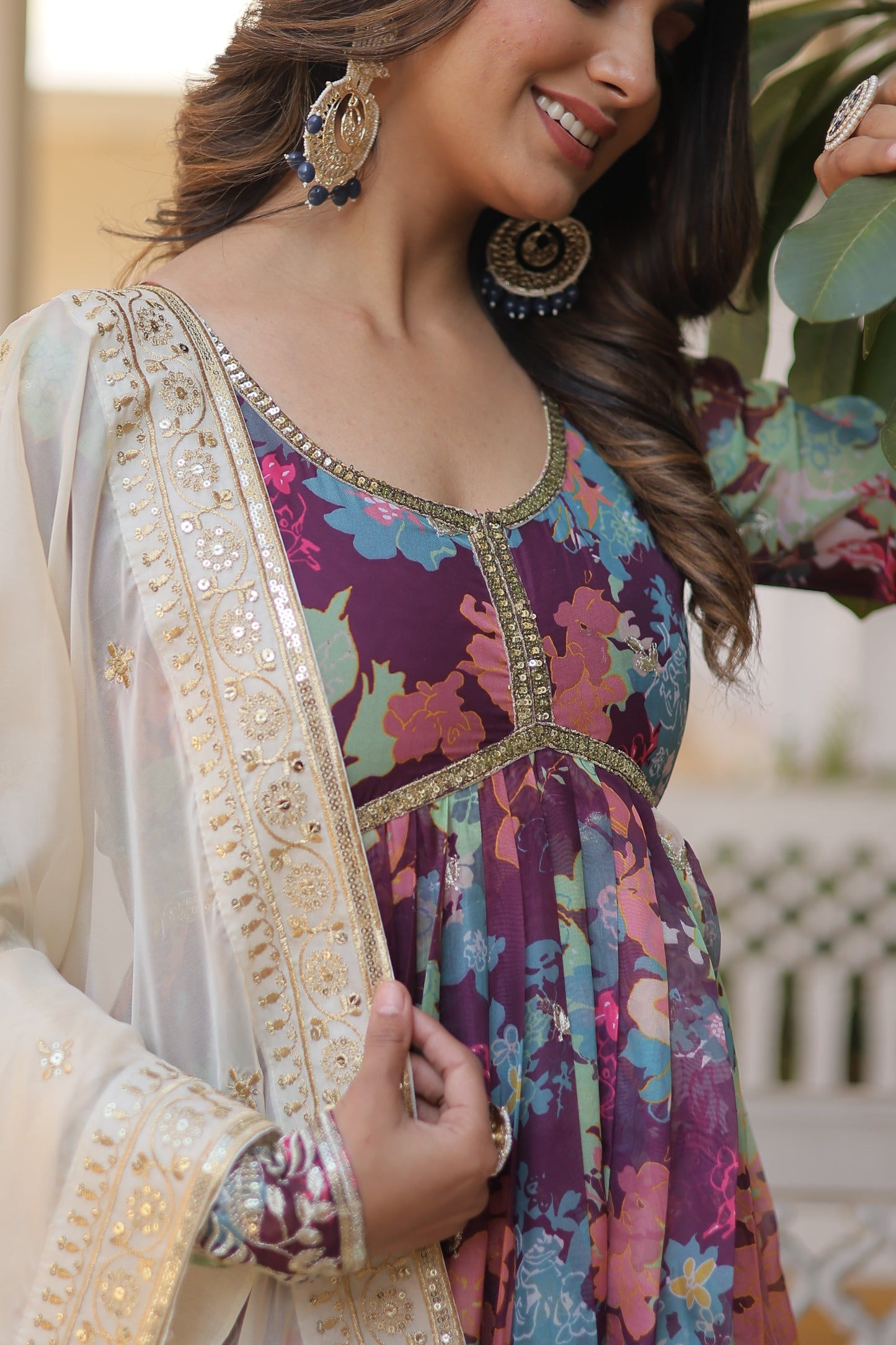 Elegant Digital Printed Russian Silk Suit with Zari Sequins Embroidery & Cut-Work Dupatta – Stitched, Full Sleeves, Fancy V Neck