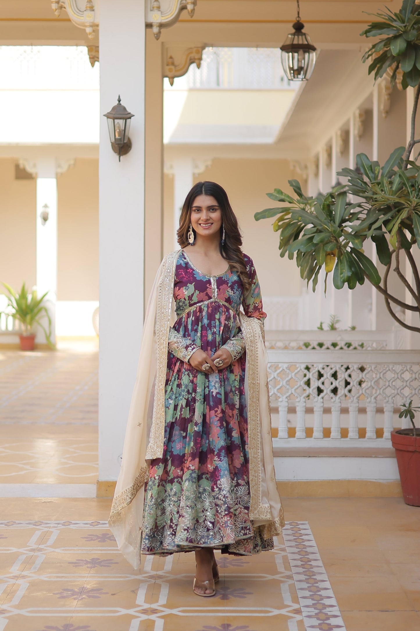 Elegant Digital Printed Russian Silk Suit with Zari Sequins Embroidery & Cut-Work Dupatta – Stitched, Full Sleeves, Fancy V Neck