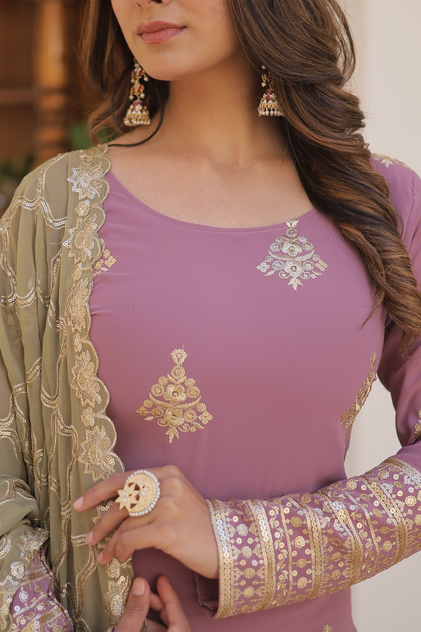 Faux Georgette Embroidered Kurti Set with Plazzo & Sequins Cut-Work Dupatta – Designer 3-Piece Ethnic Outfit