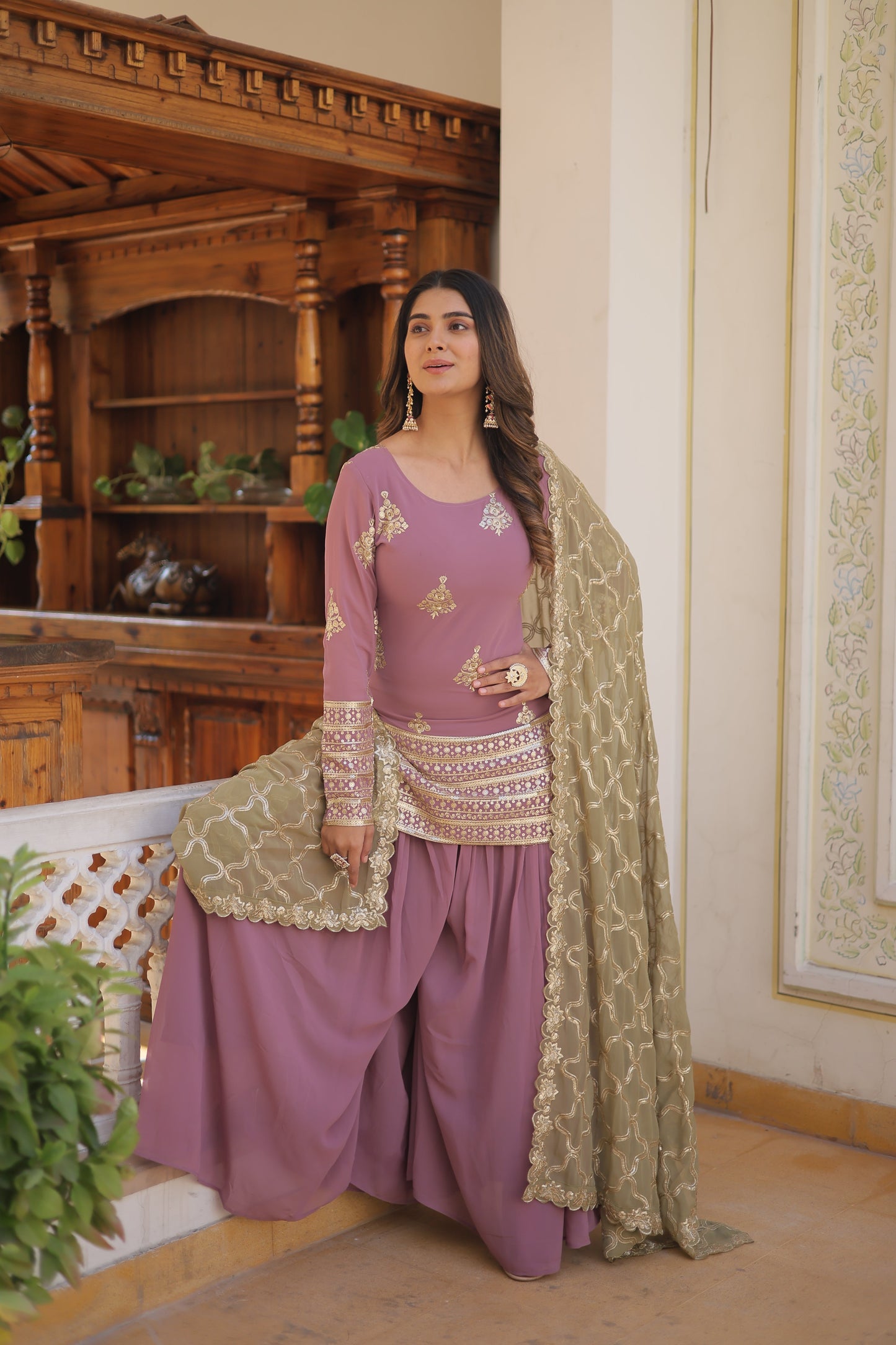 Faux Georgette Embroidered Kurti Set with Plazzo & Sequins Cut-Work Dupatta – Designer 3-Piece Ethnic Outfit