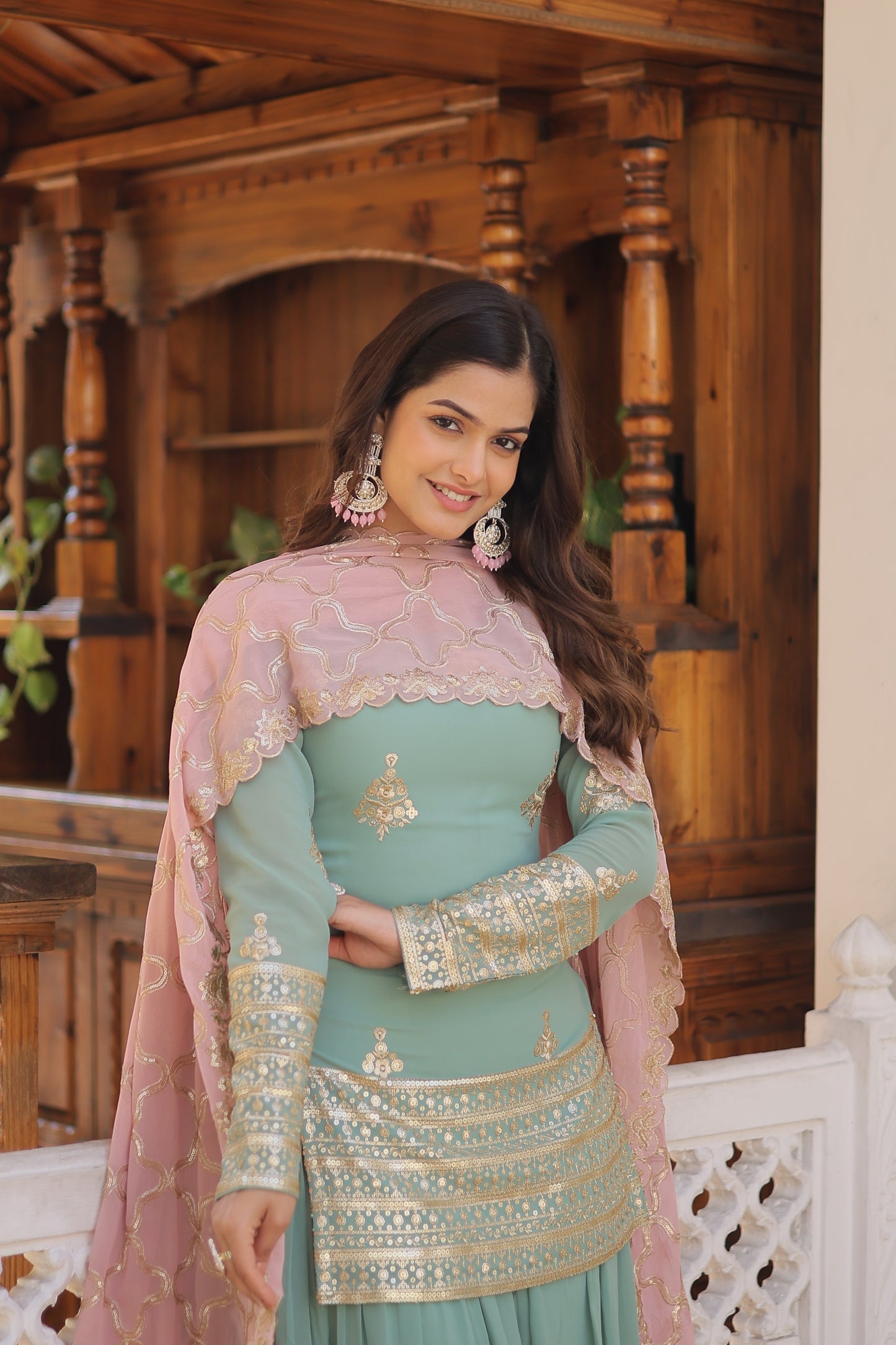 Faux Georgette Embroidered Kurti Set with Plazzo & Sequins Cut-Work Dupatta – Designer 3-Piece Ethnic Outfit