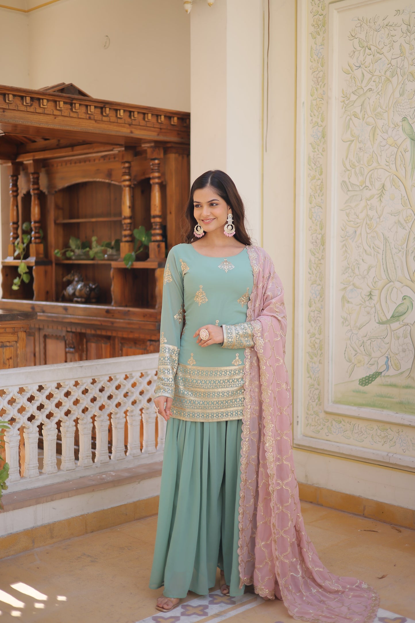 Faux Georgette Embroidered Kurti Set with Plazzo & Sequins Cut-Work Dupatta – Designer 3-Piece Ethnic Outfit