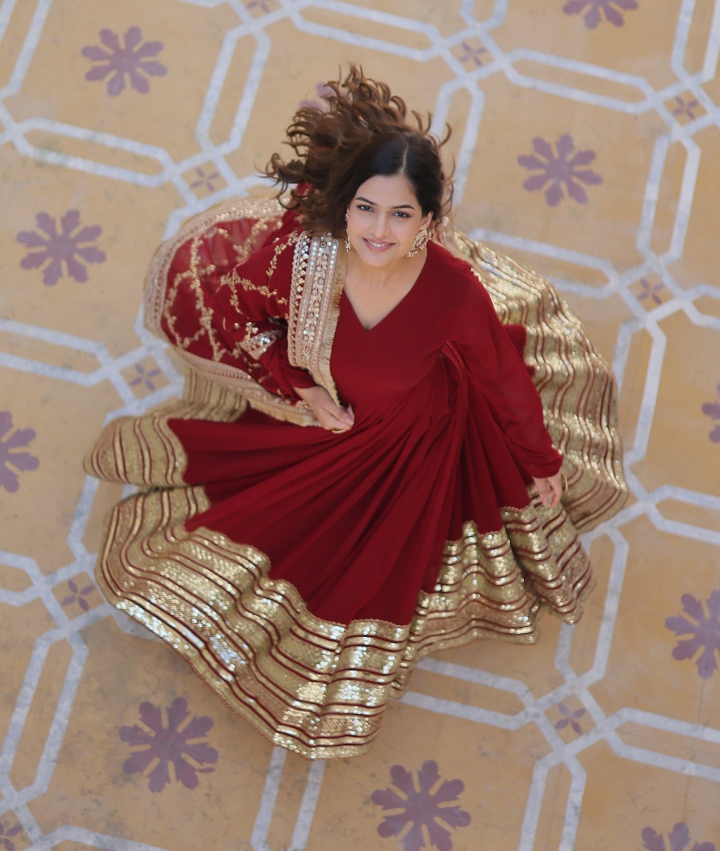 Faux Blooming Fabric Dress with Zari & Sequins Embroidery – Elegant Ethnic Wear for Festive Occasions