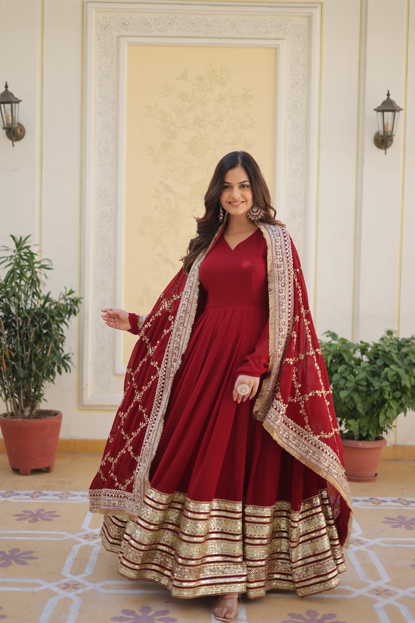 Faux Blooming Fabric Dress with Zari & Sequins Embroidery – Elegant Ethnic Wear for Festive Occasions