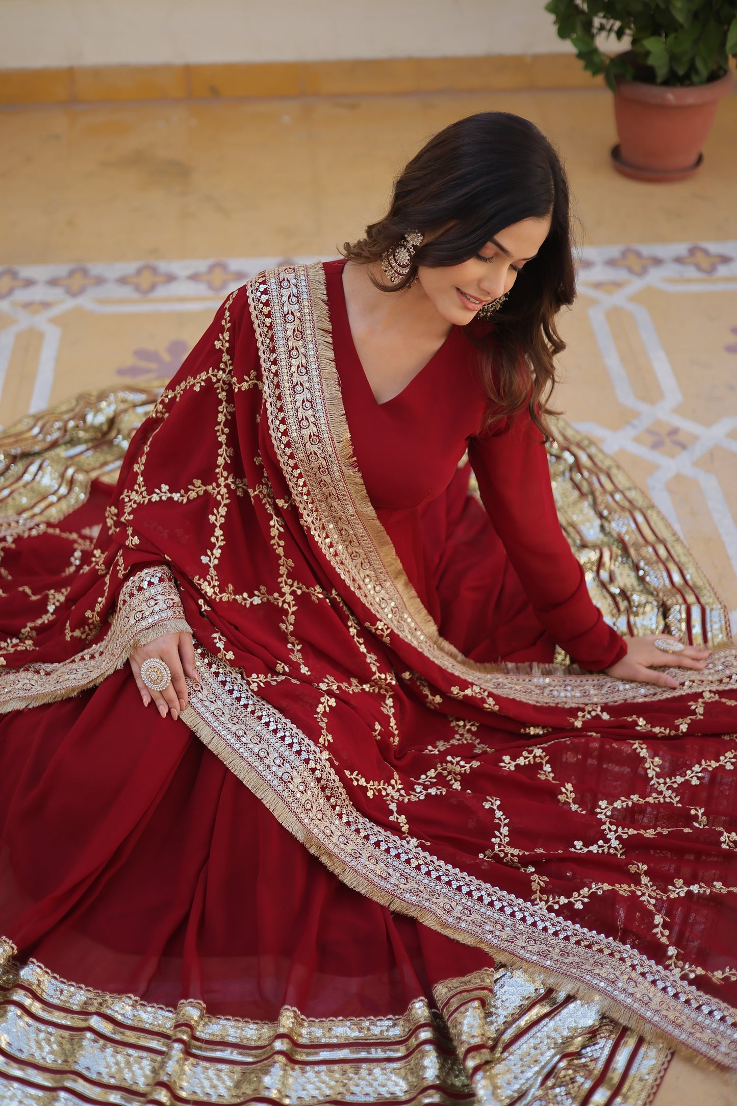 Faux Blooming Fabric Dress with Zari & Sequins Embroidery – Elegant Ethnic Wear for Festive Occasions