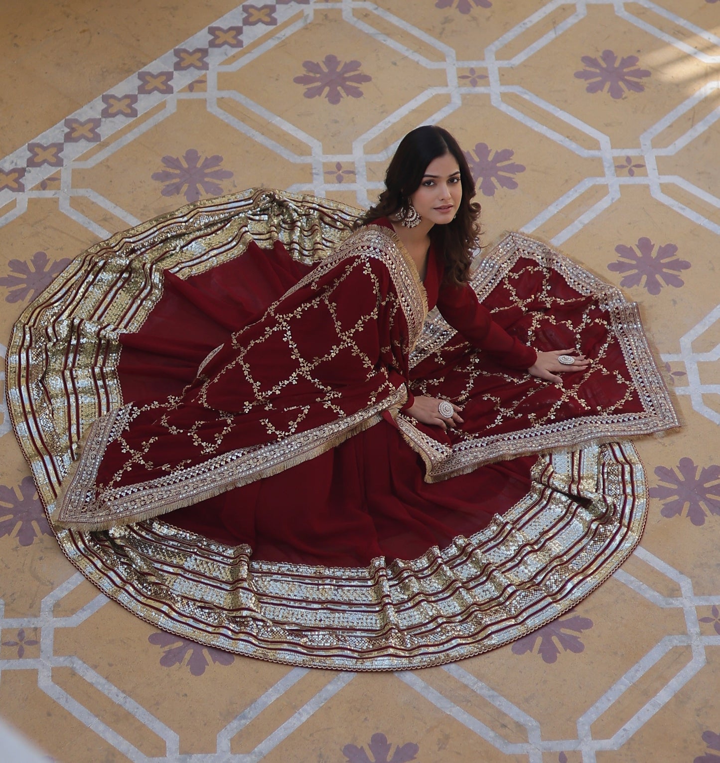 Faux Blooming Fabric Dress with Zari & Sequins Embroidery – Elegant Ethnic Wear for Festive Occasions