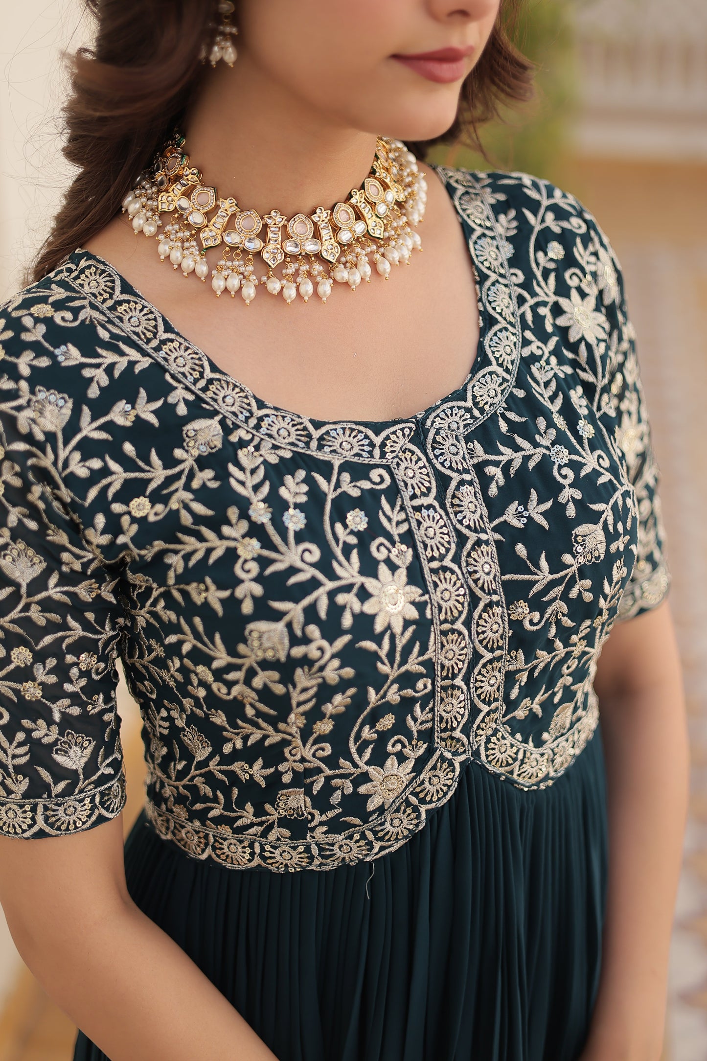 Designer Gown is luxury clothing Considered to be high quality Made by Zari-Thread & Sequins Embroidery.