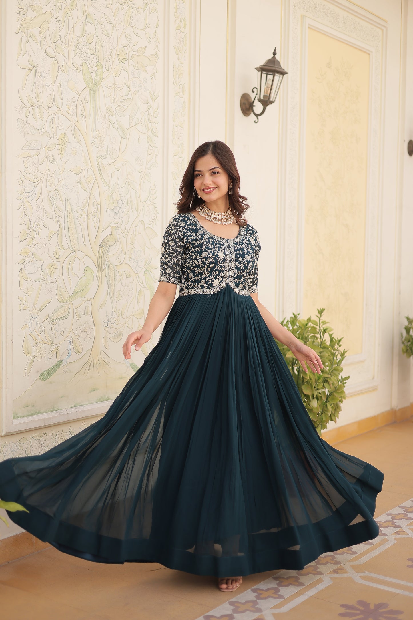 Designer Gown is luxury clothing Considered to be high quality Made by Zari-Thread & Sequins Embroidery.