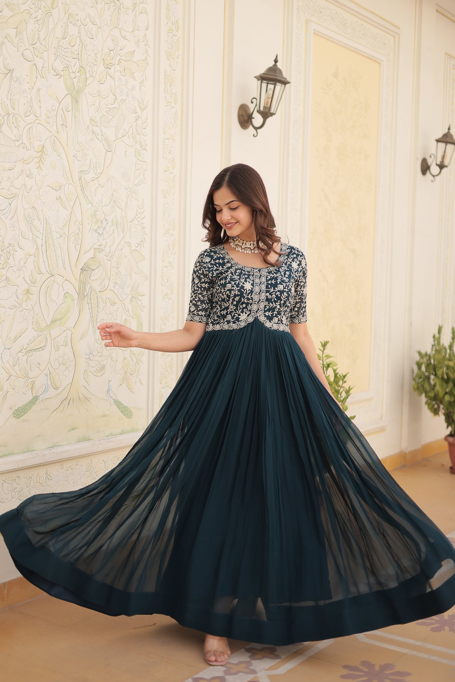 Designer Gown is luxury clothing Considered to be high quality Made by Zari-Thread & Sequins Embroidery.