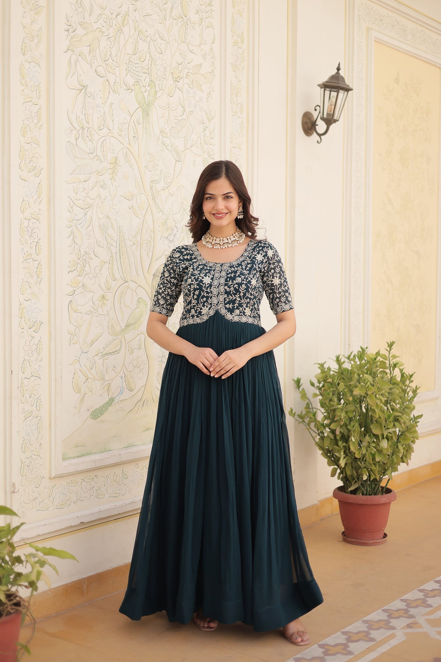 Designer Gown is luxury clothing Considered to be high quality Made by Zari-Thread & Sequins Embroidery.