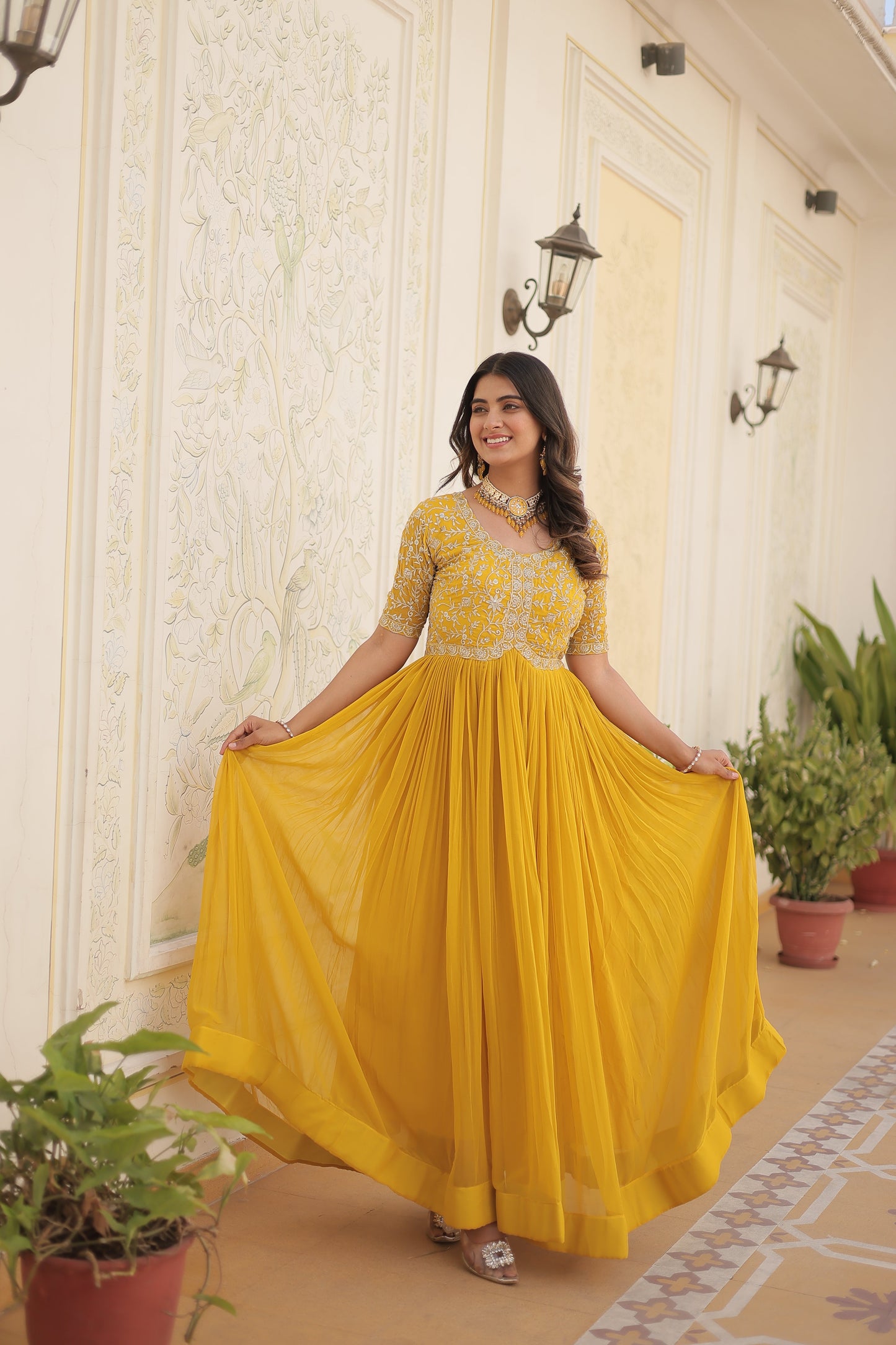 Designer Gown is luxury clothing Considered to be high quality Made by Zari-Thread & Sequins Embroidery.