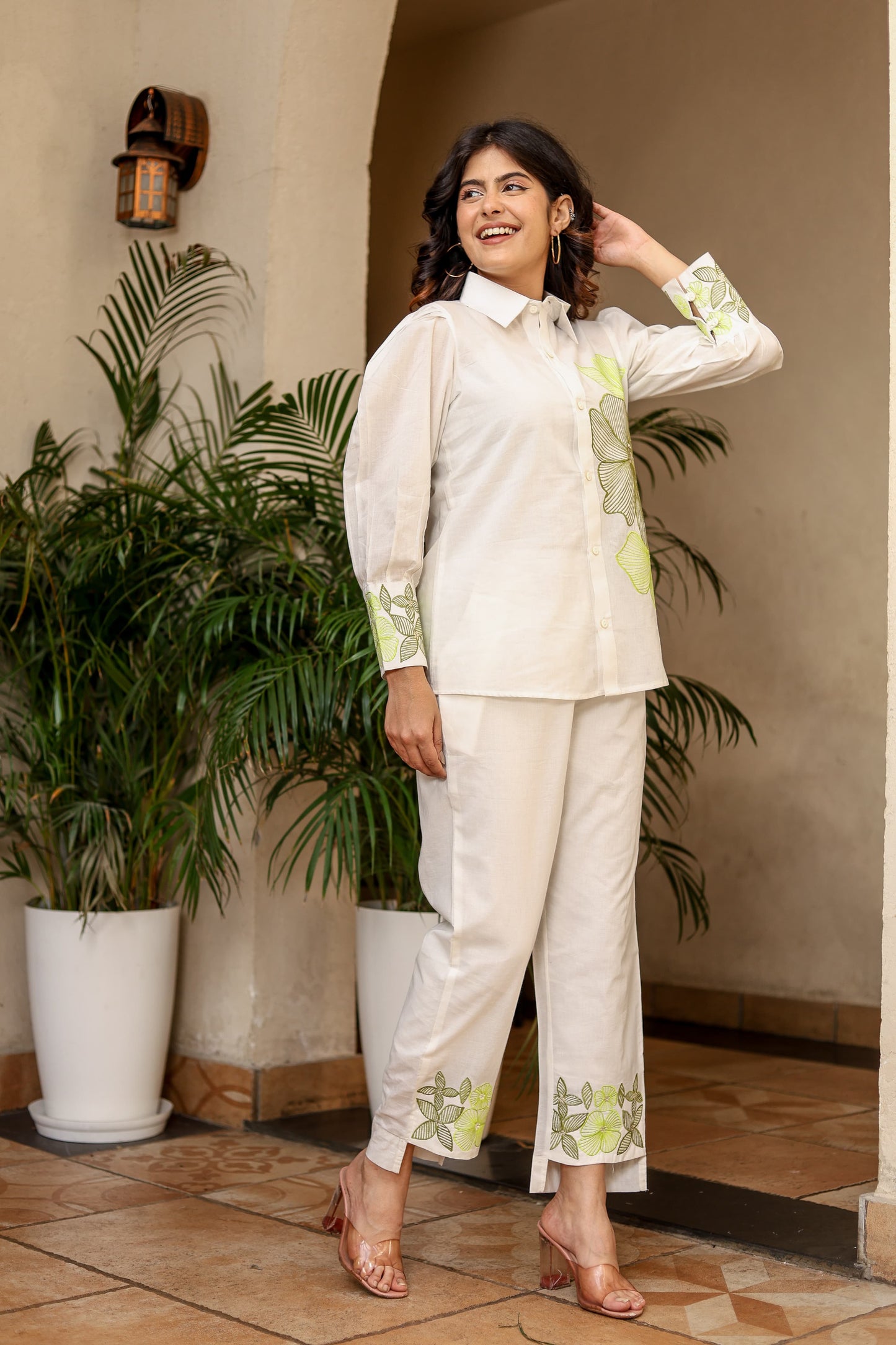 Hand-Embroidered White Cotton Co-ord Set – Luxe Comfort with Artisanal Detailing