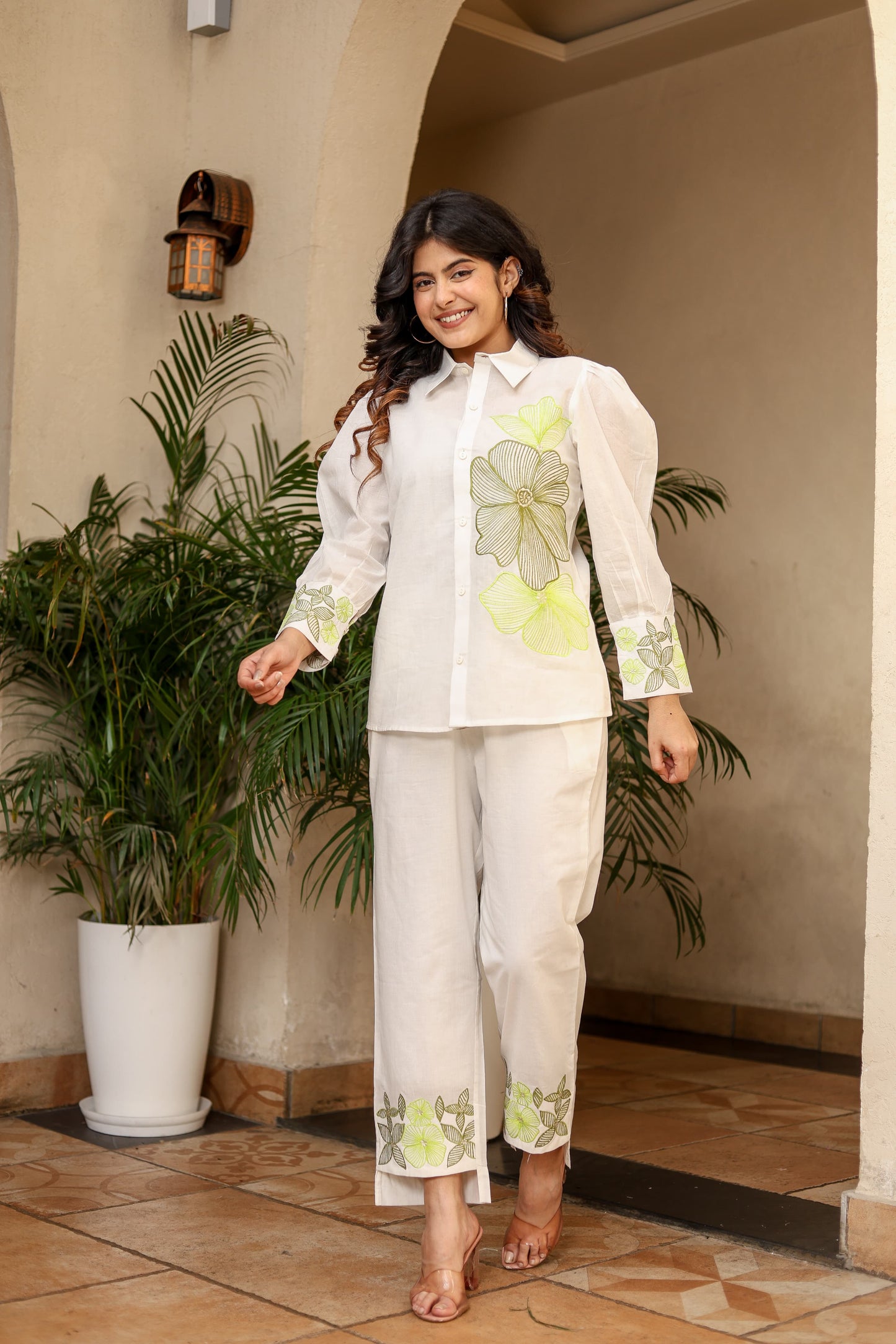 Hand-Embroidered White Cotton Co-ord Set – Luxe Comfort with Artisanal Detailing