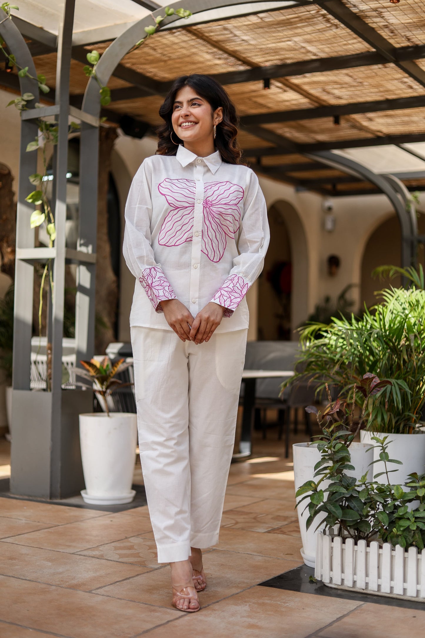 Hand-Embroidered White Cotton Co-ord Set – Luxe Comfort with Artisanal Detailing