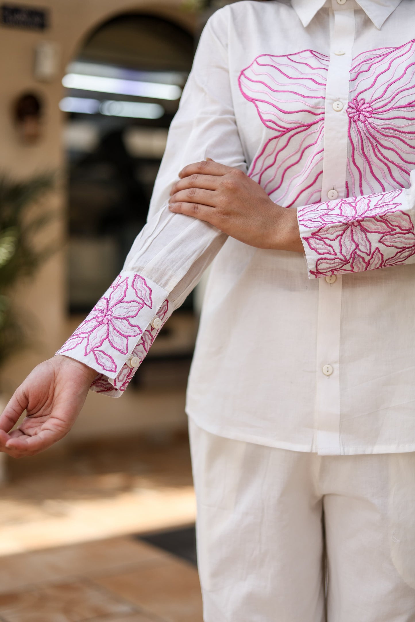 Hand-Embroidered White Cotton Co-ord Set – Luxe Comfort with Artisanal Detailing